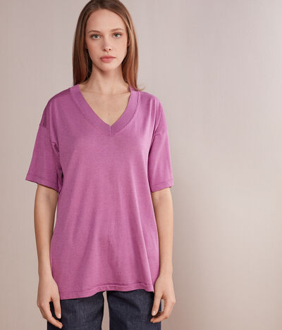 Silk and Cotton V-neck Shirt with Slit