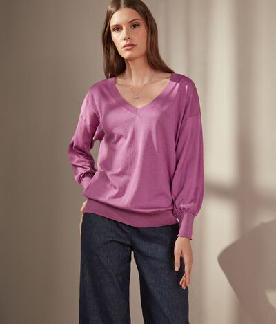 V-neck Silk and Cotton Shirt with Puff Sleeves