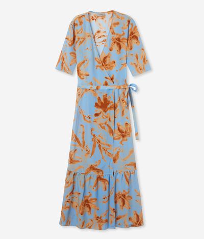 Длинное шёлковое платье-кимоно с принтом