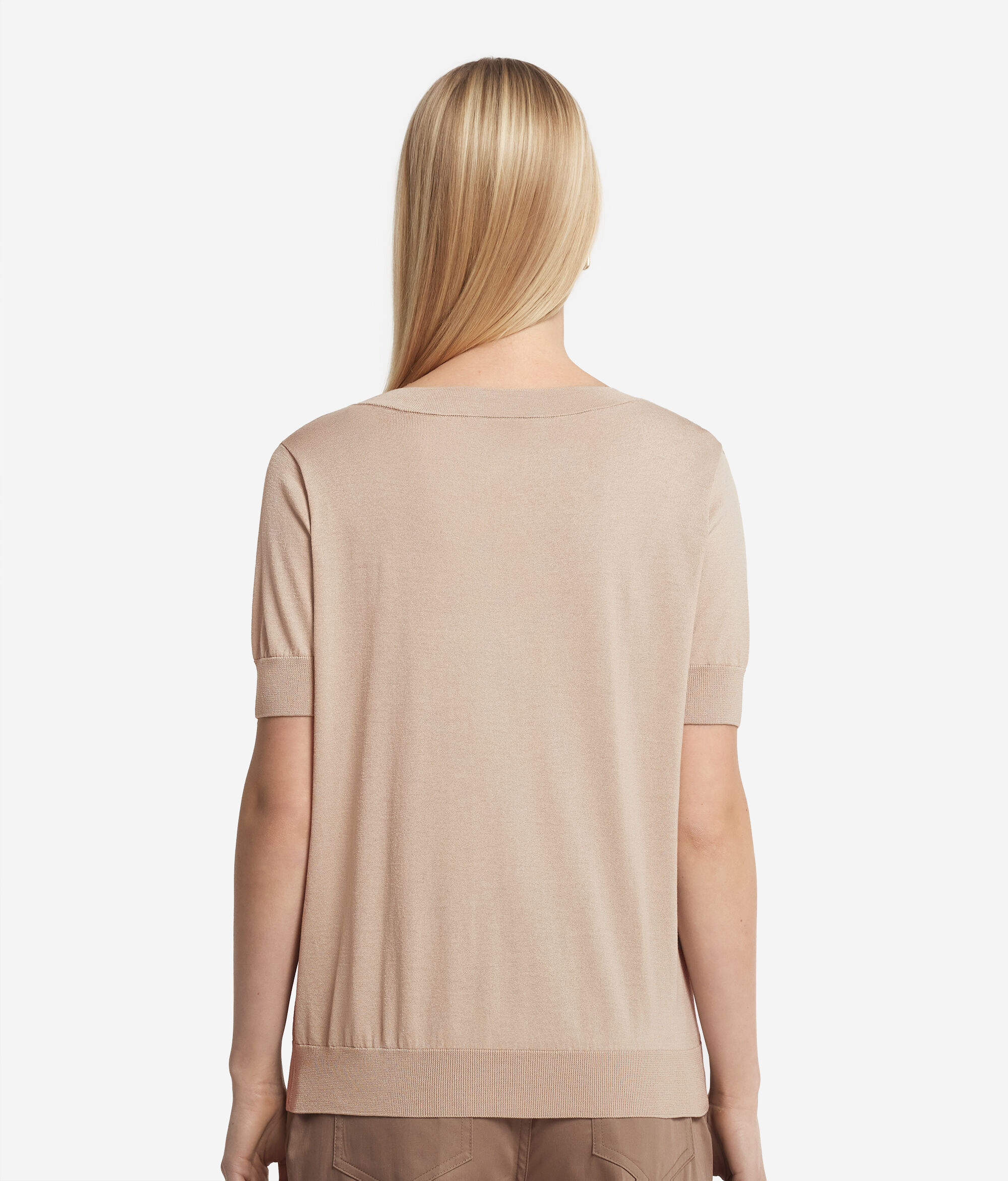 Short-Sleeved V-Neck Silk and Cotton Jumper