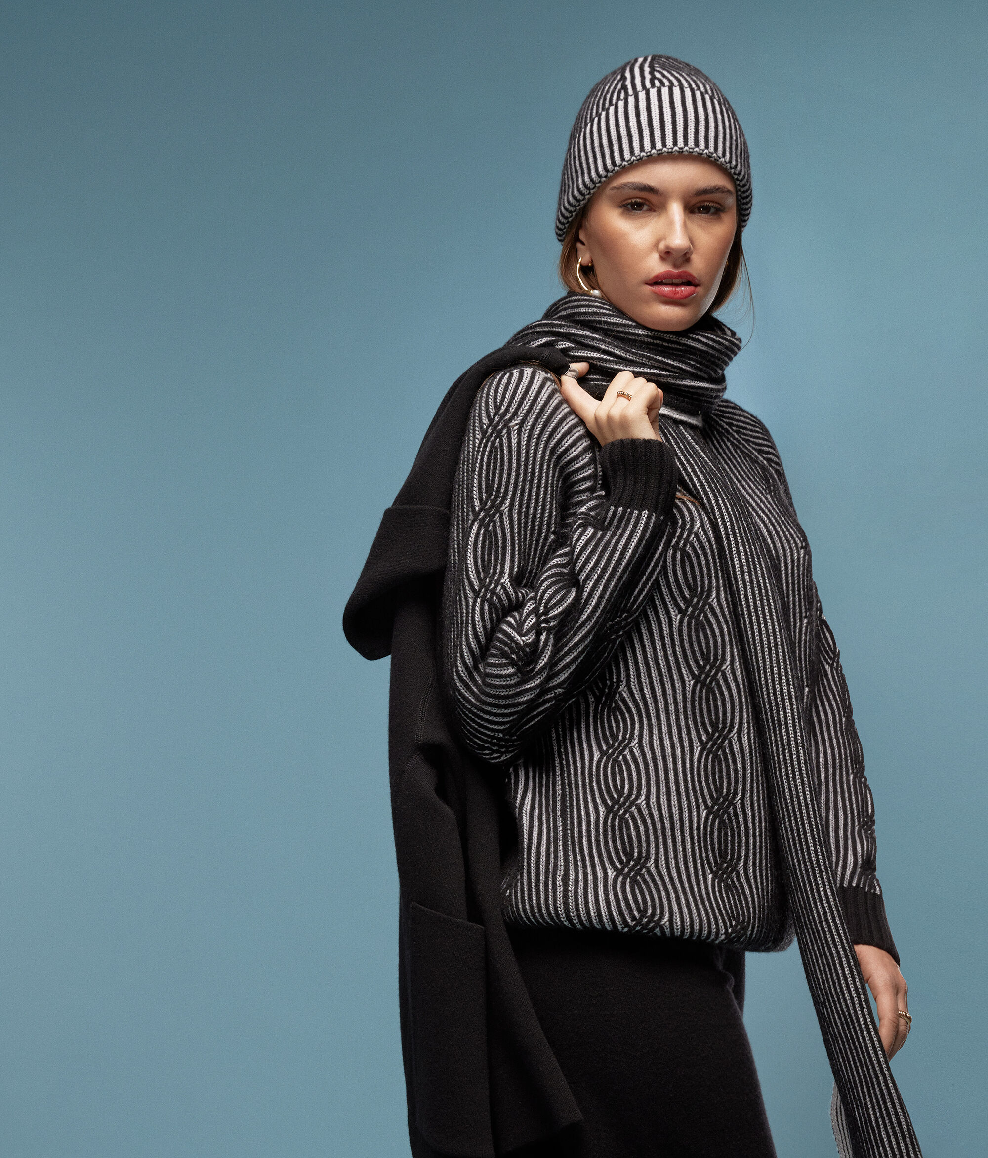 Two-Tone Ultrasoft Cashmere High-Neck Cable-Knit Jumper
