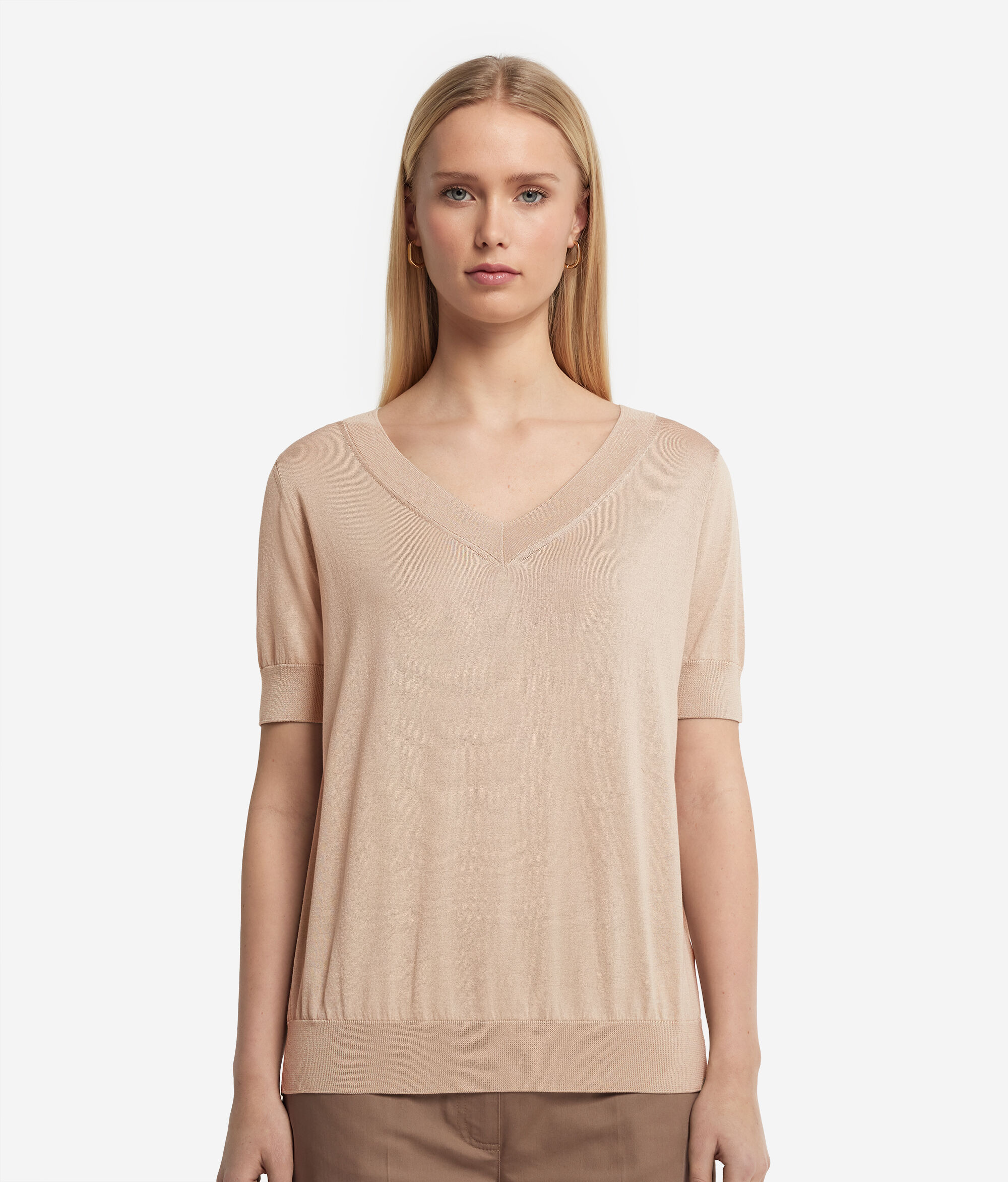 Short-Sleeved V-Neck Silk and Cotton Jumper