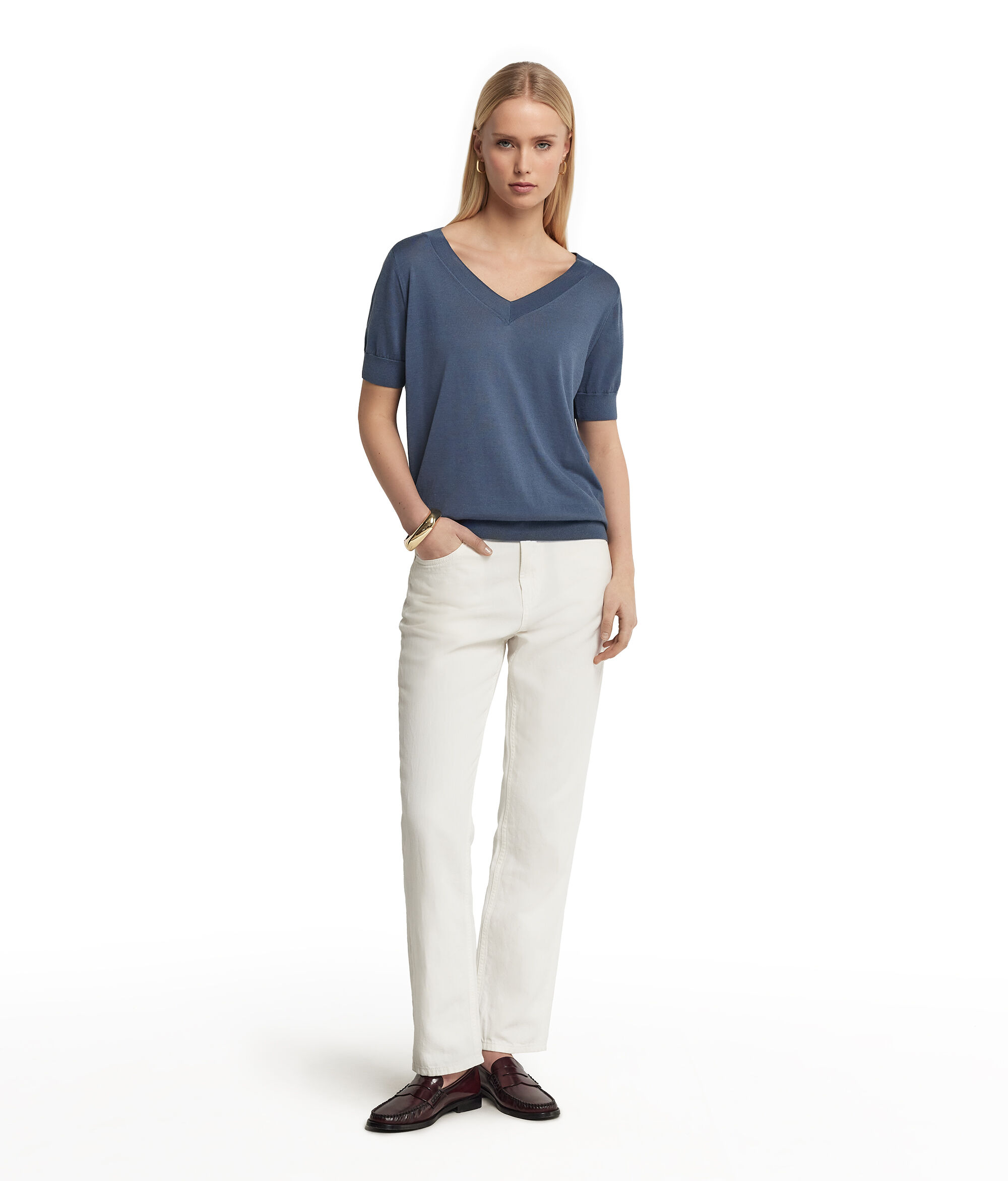 Maglia con Scollo a V a Maniche Corte in Seta Cotone