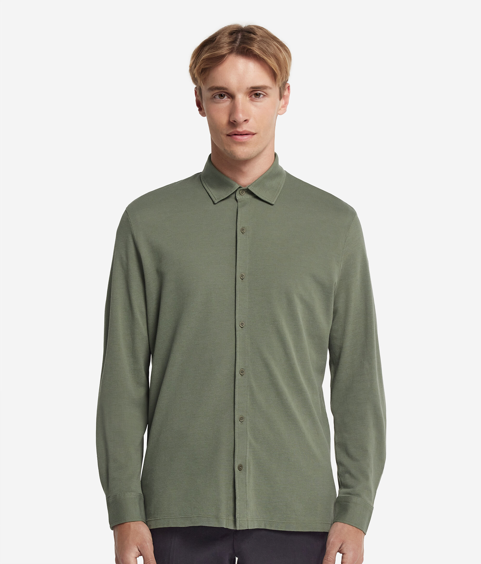 Long-Sleeved Shirt in Cotton and Silk Piqué