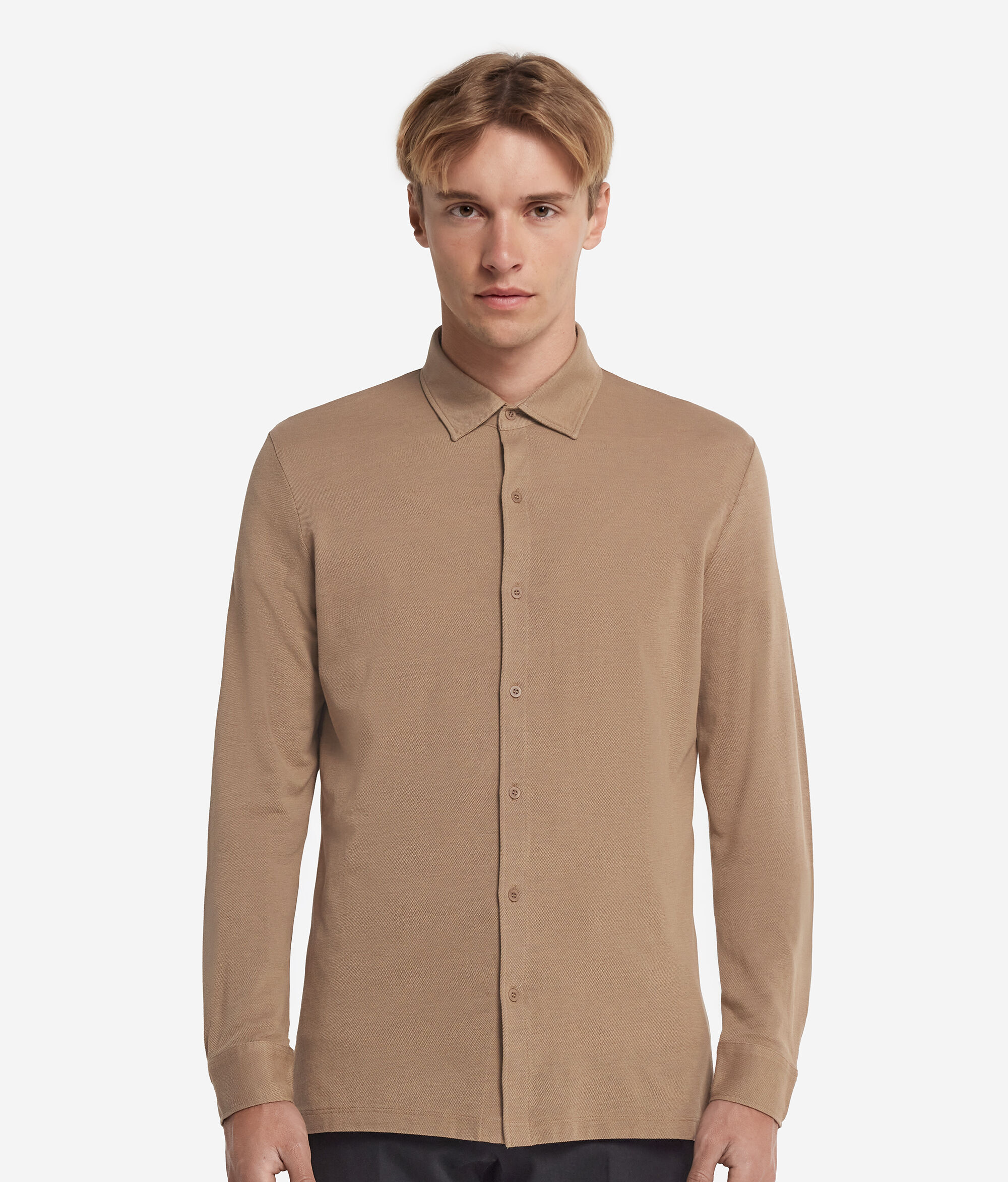 Long-Sleeved Shirt in Cotton and Silk Piqué