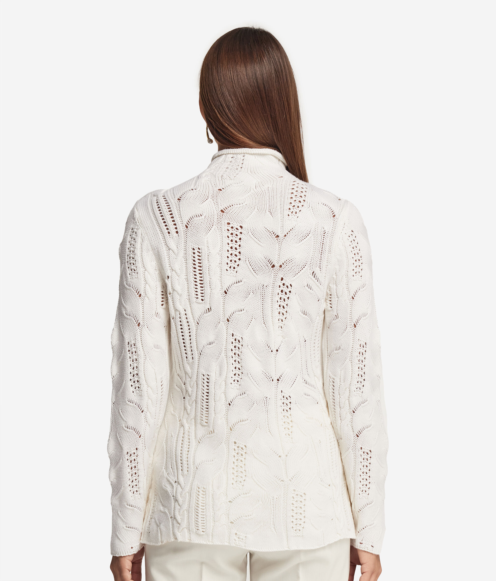 Wool Raised Collar Jumper with Cable Pattern and Lace