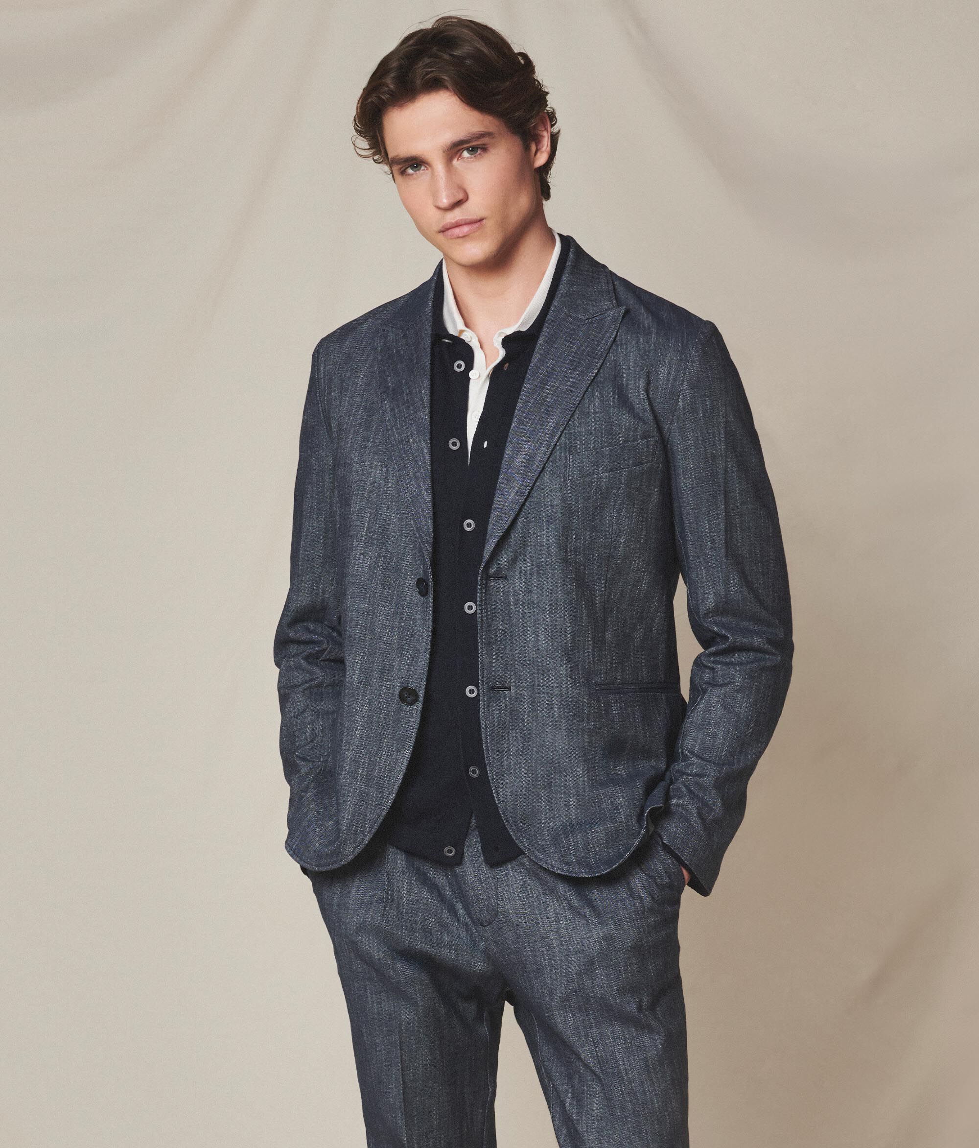 Single-breasted denim-effect jacket in shot cotton