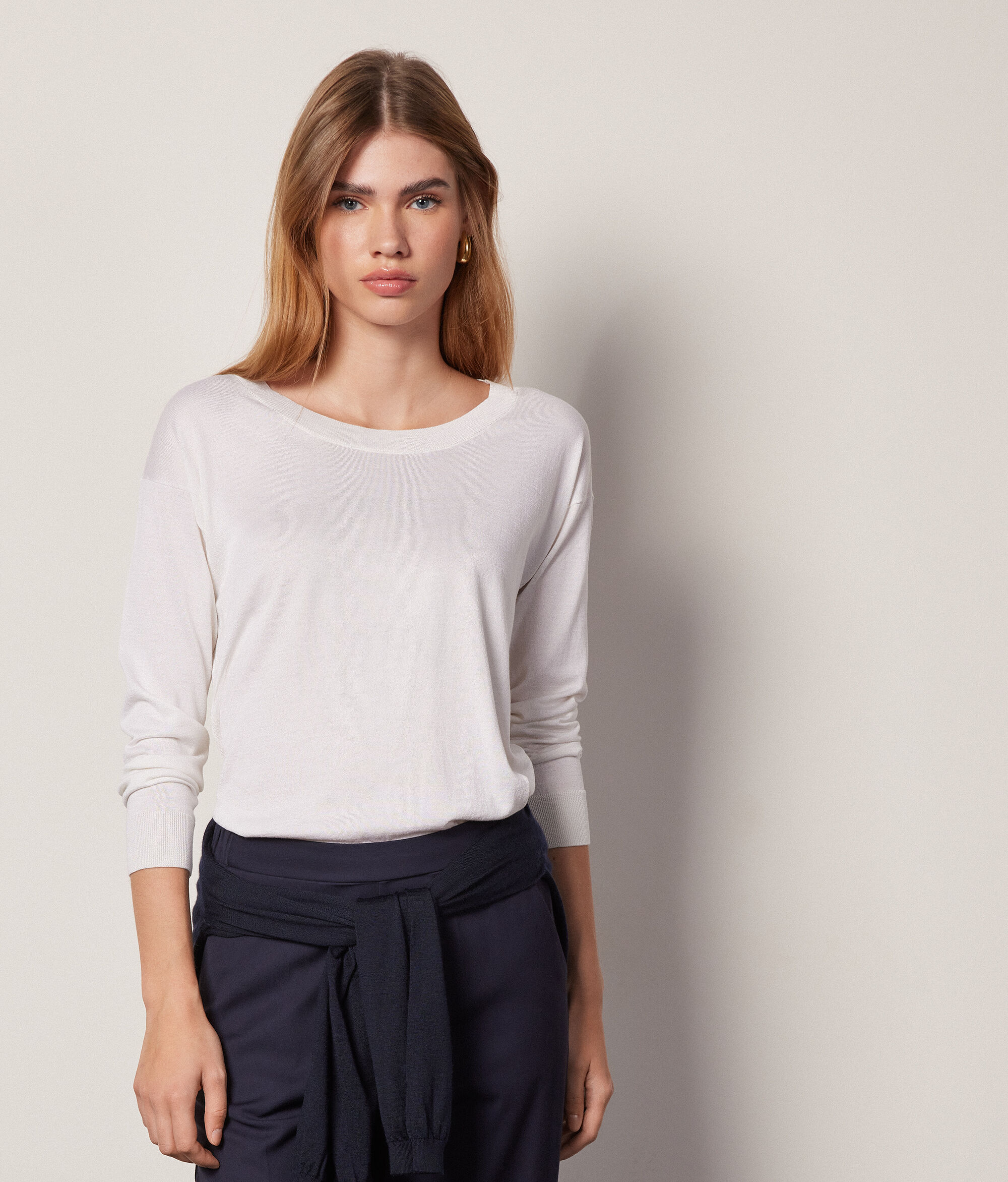 Pull à col rond en soie et coton