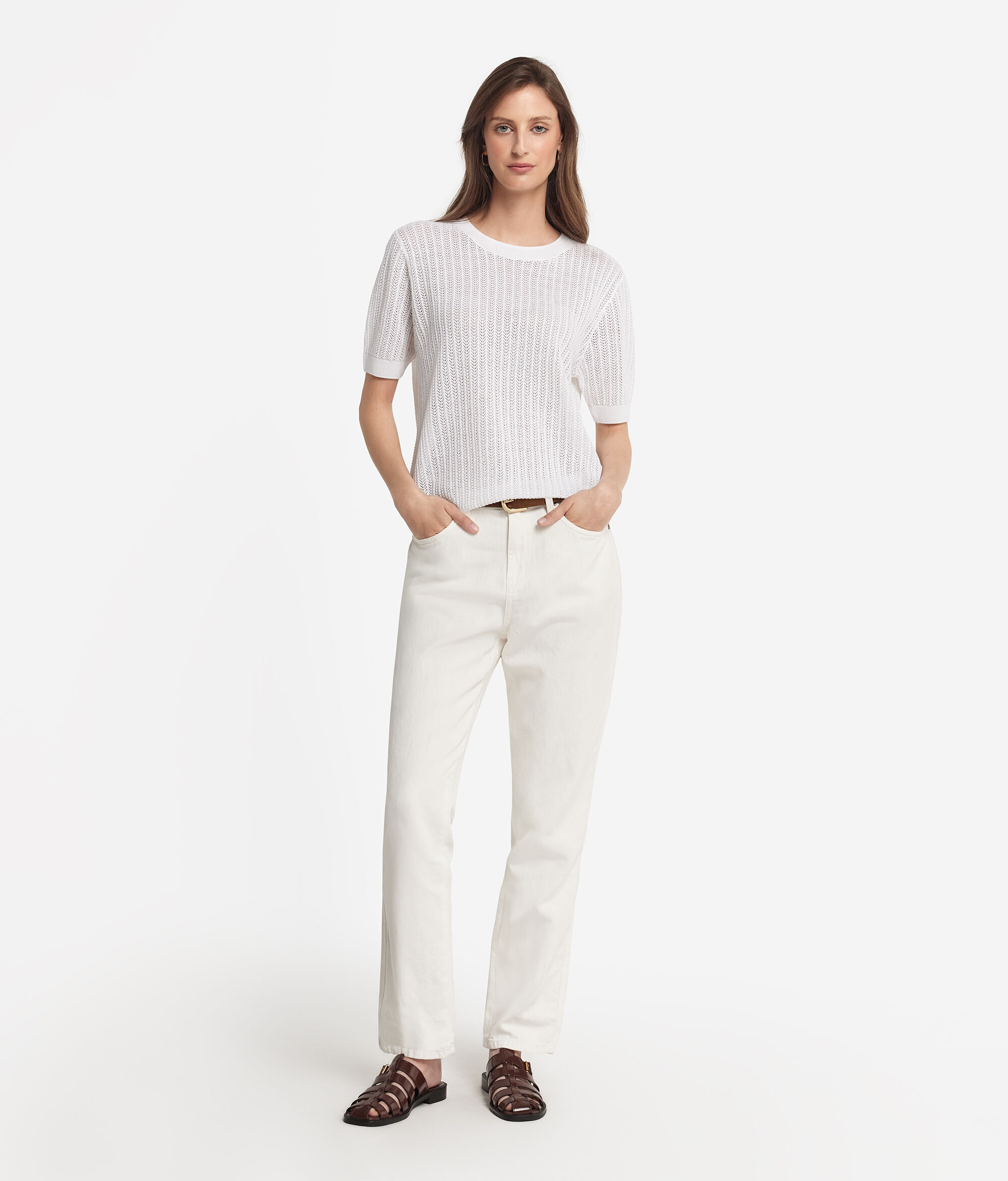 Crew Neck with Ribbed Pointelle in Cotton