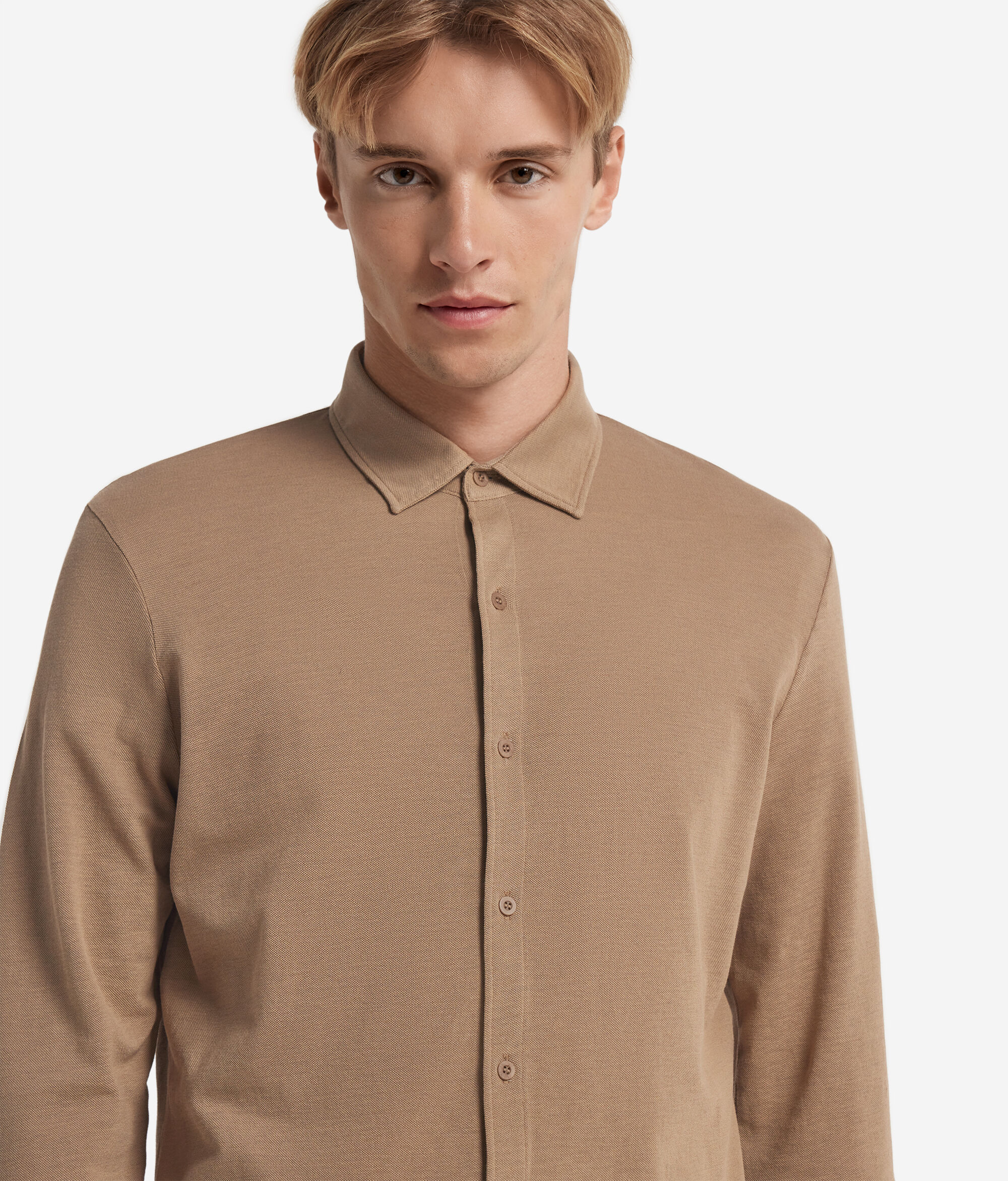 Camicia a Maniche Lunghe in Piquet di Cotone e Seta