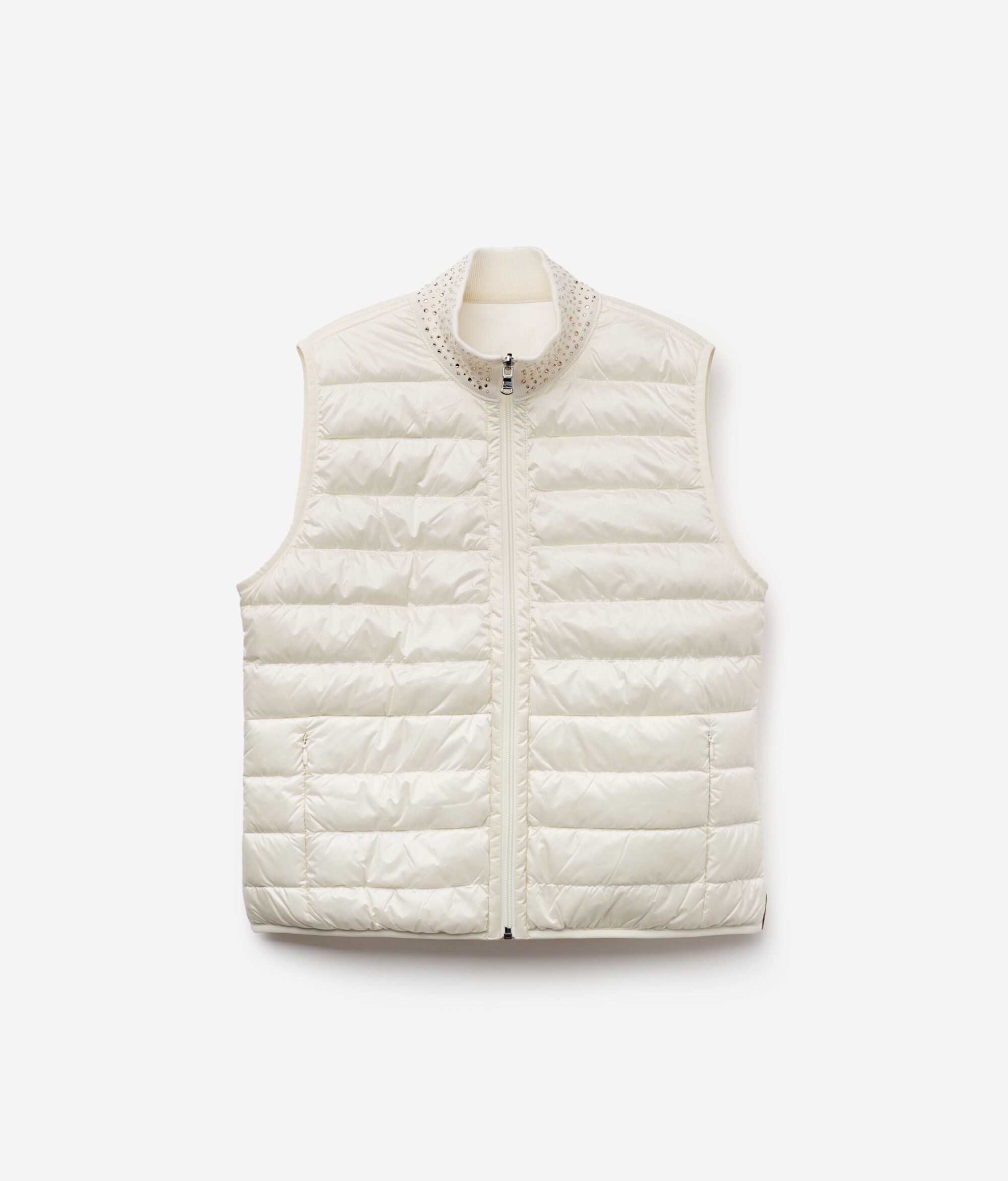 Ultrafine Cashmere Reversible Sleeveless Short Quilted Jacket with Rhinestones