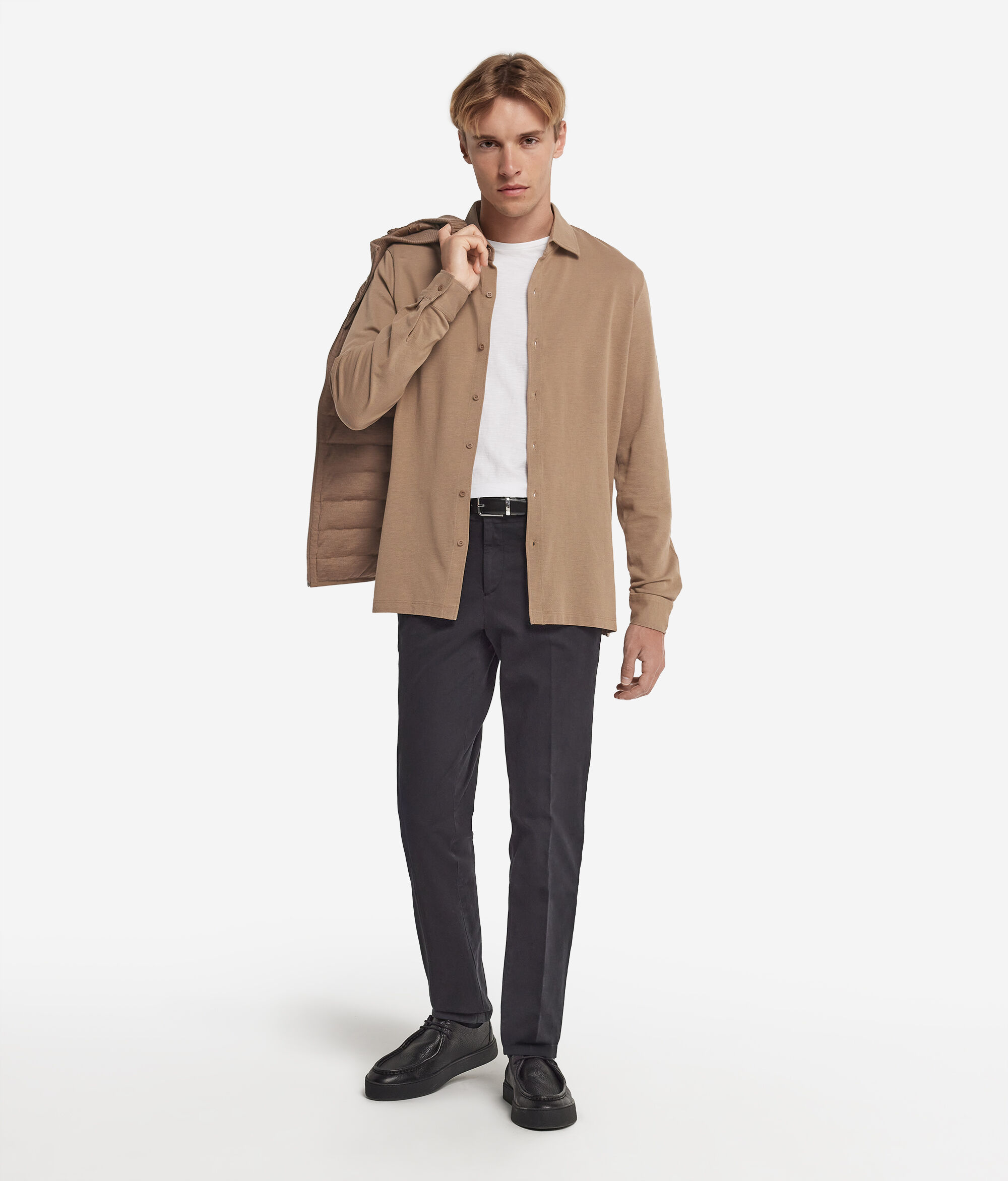 Camicia a Maniche Lunghe in Piquet di Cotone e Seta