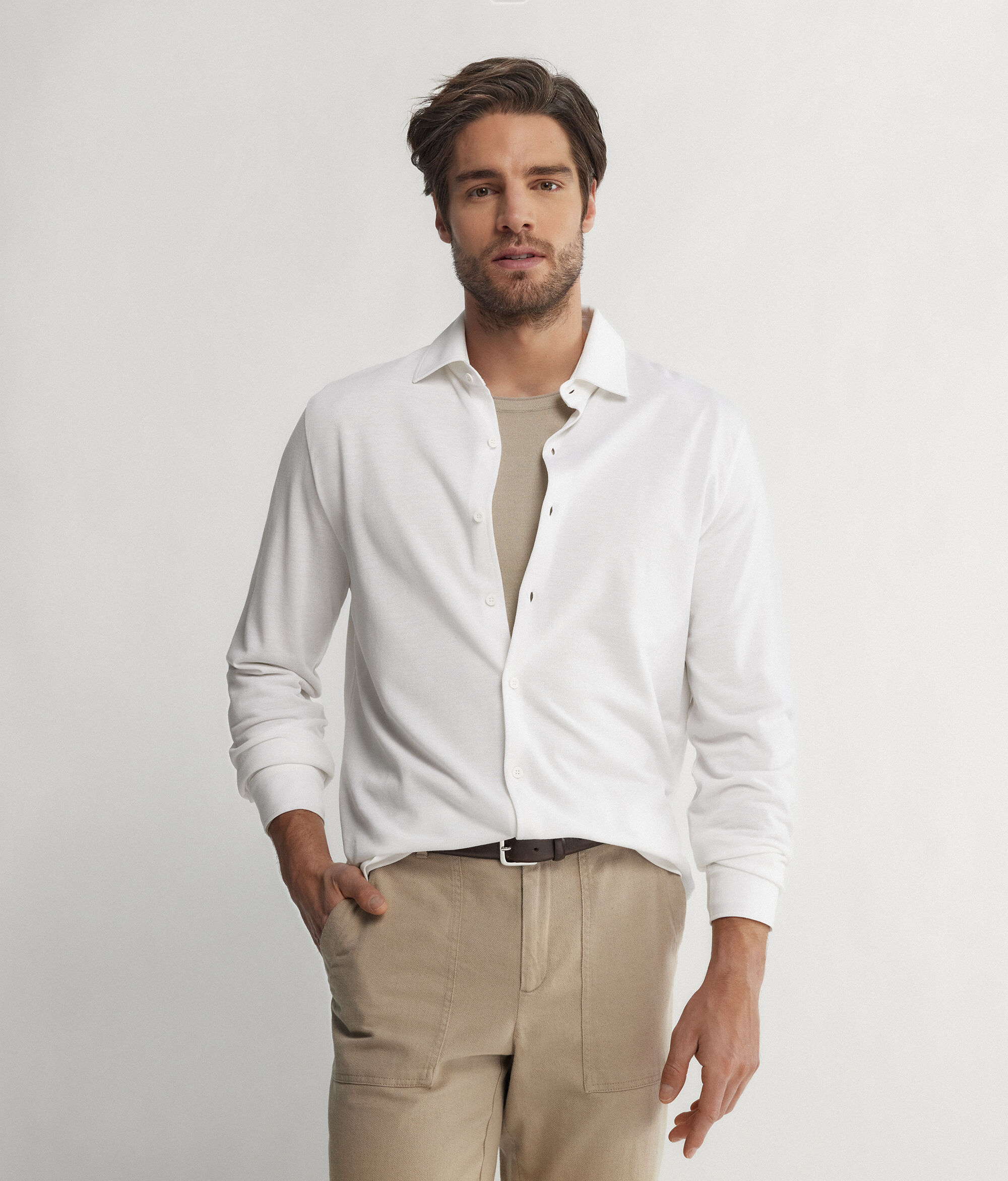 Camisa de màniga llarga en piqué de cotó i seda