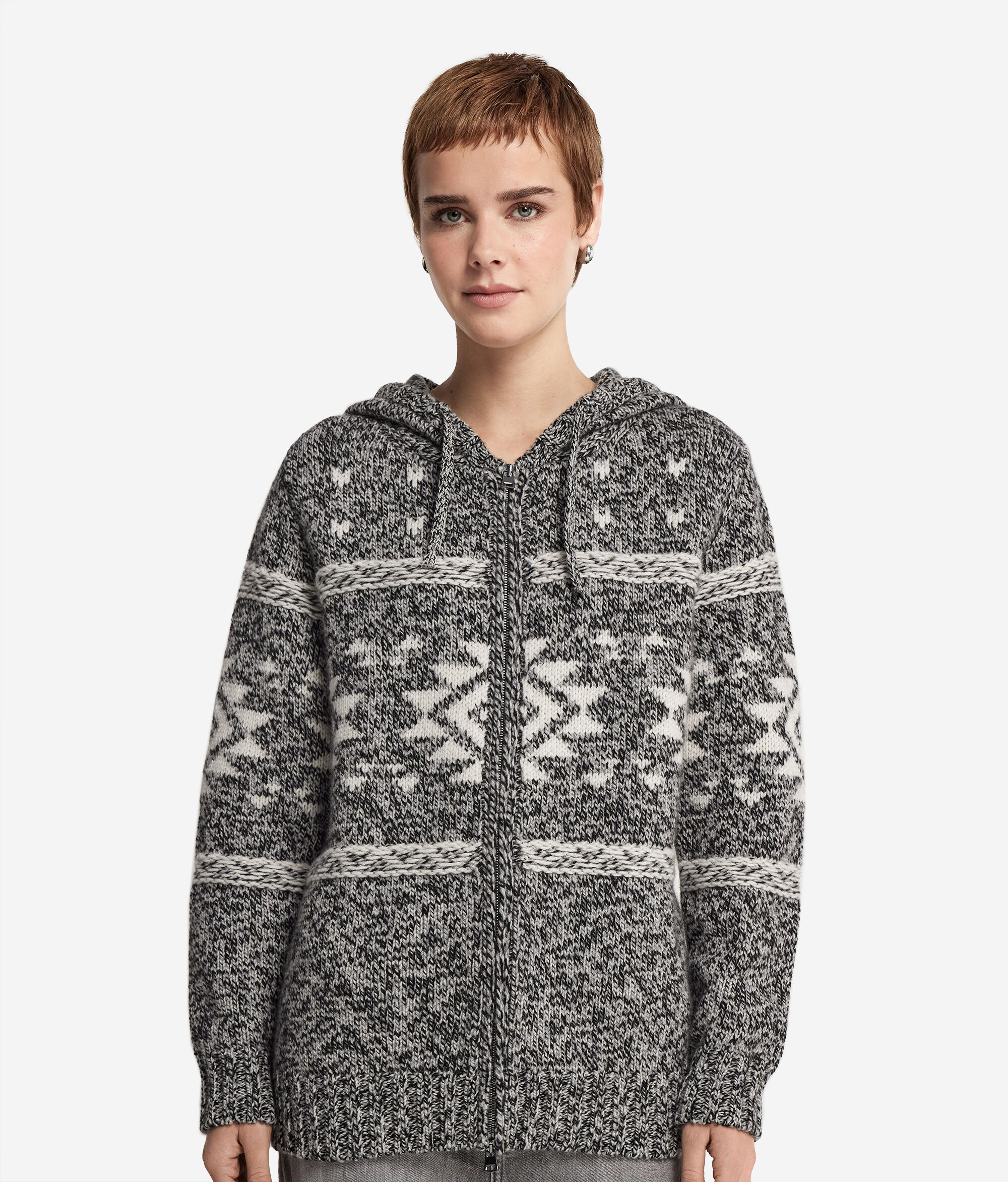 Kapuzensweatjacke aus Kaschmir Ultrasoft Moulinéstrick mit Jacquardverarbeitung
