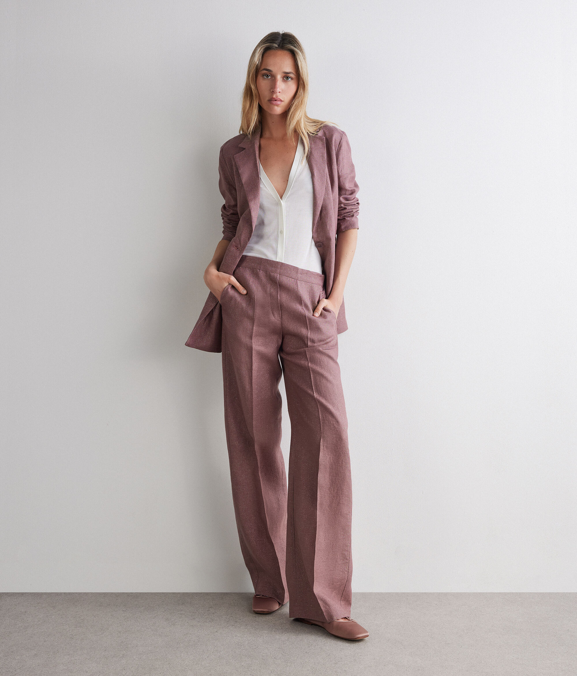 Lame Detaylı Keten Boru Paça Pantolon