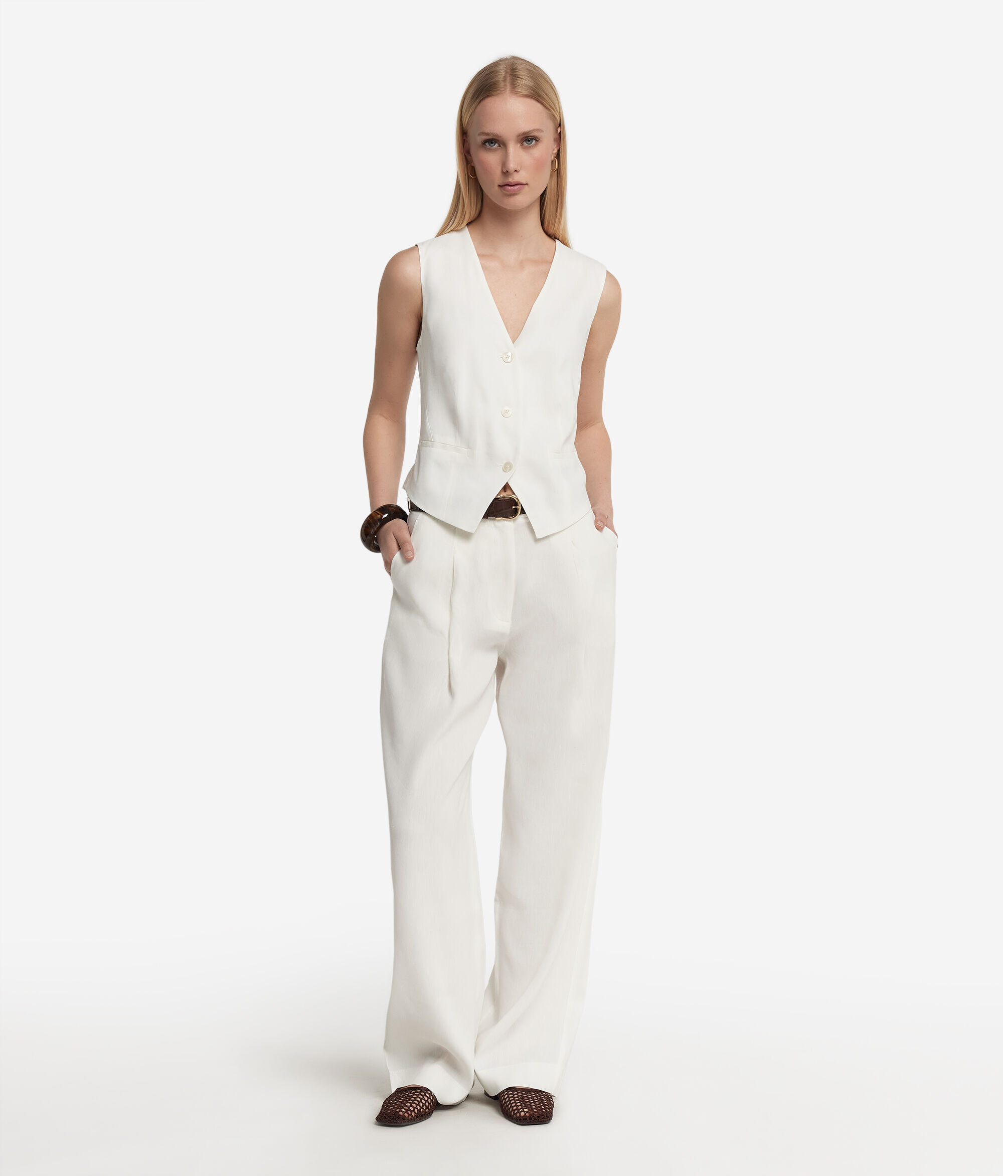 Pantalon large en lin et viscose