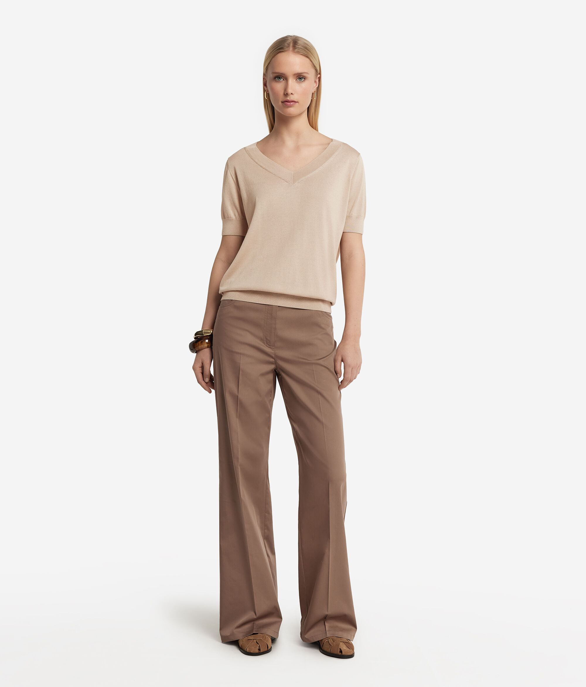 Short-Sleeved V-Neck Silk and Cotton Jumper