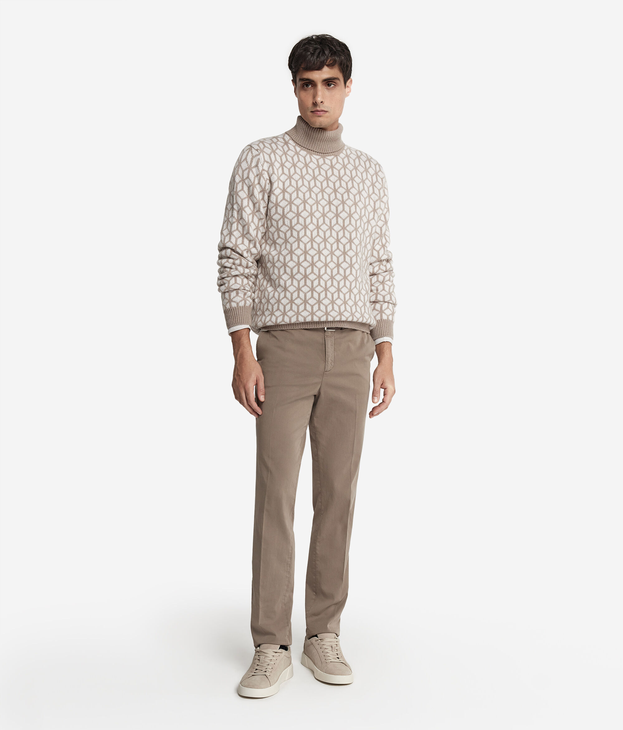 Jacquard Cashmere Turtleneck Jumper with Optical Motif