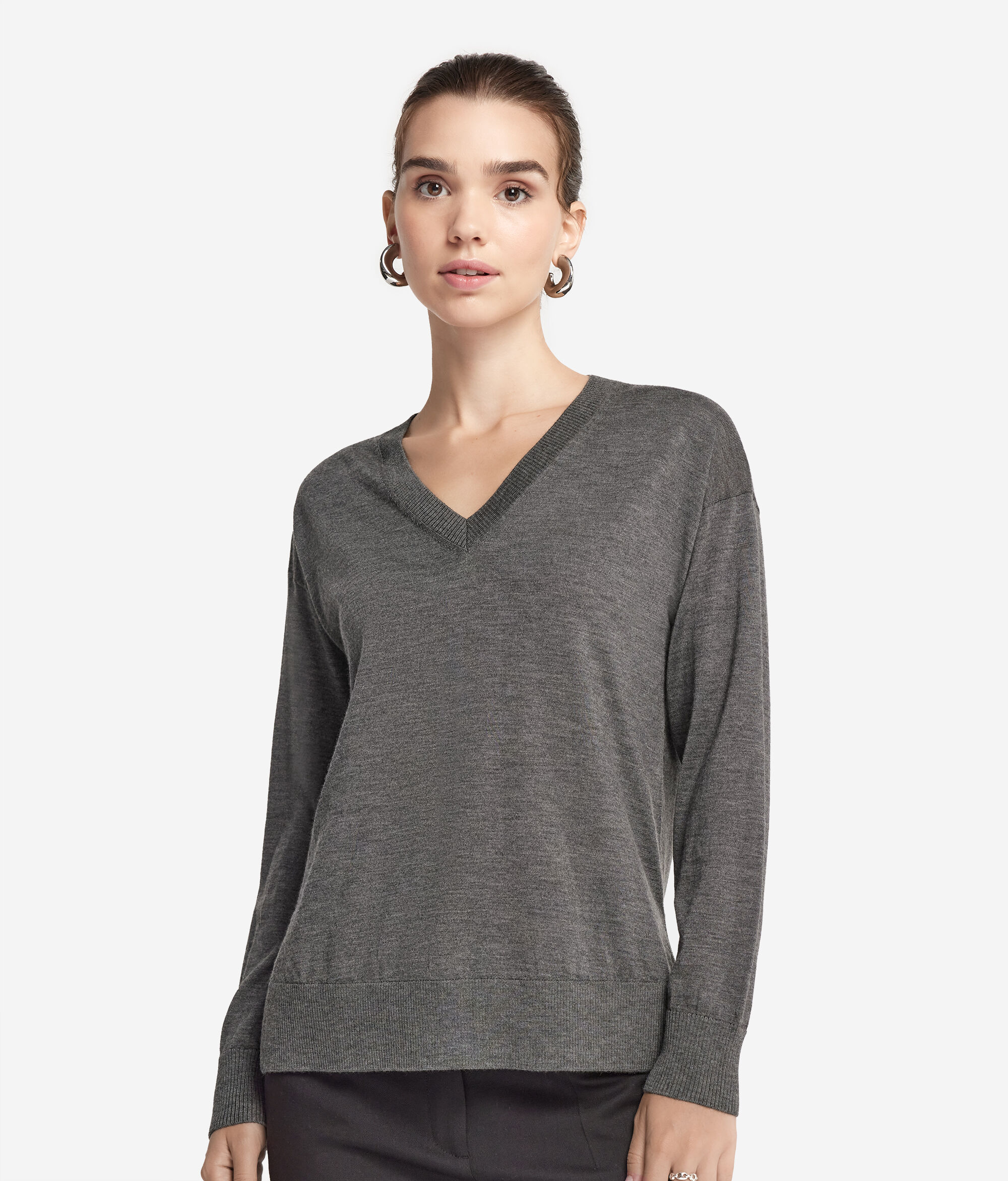 Camisola com Decote em V em Caxemira com Rachas