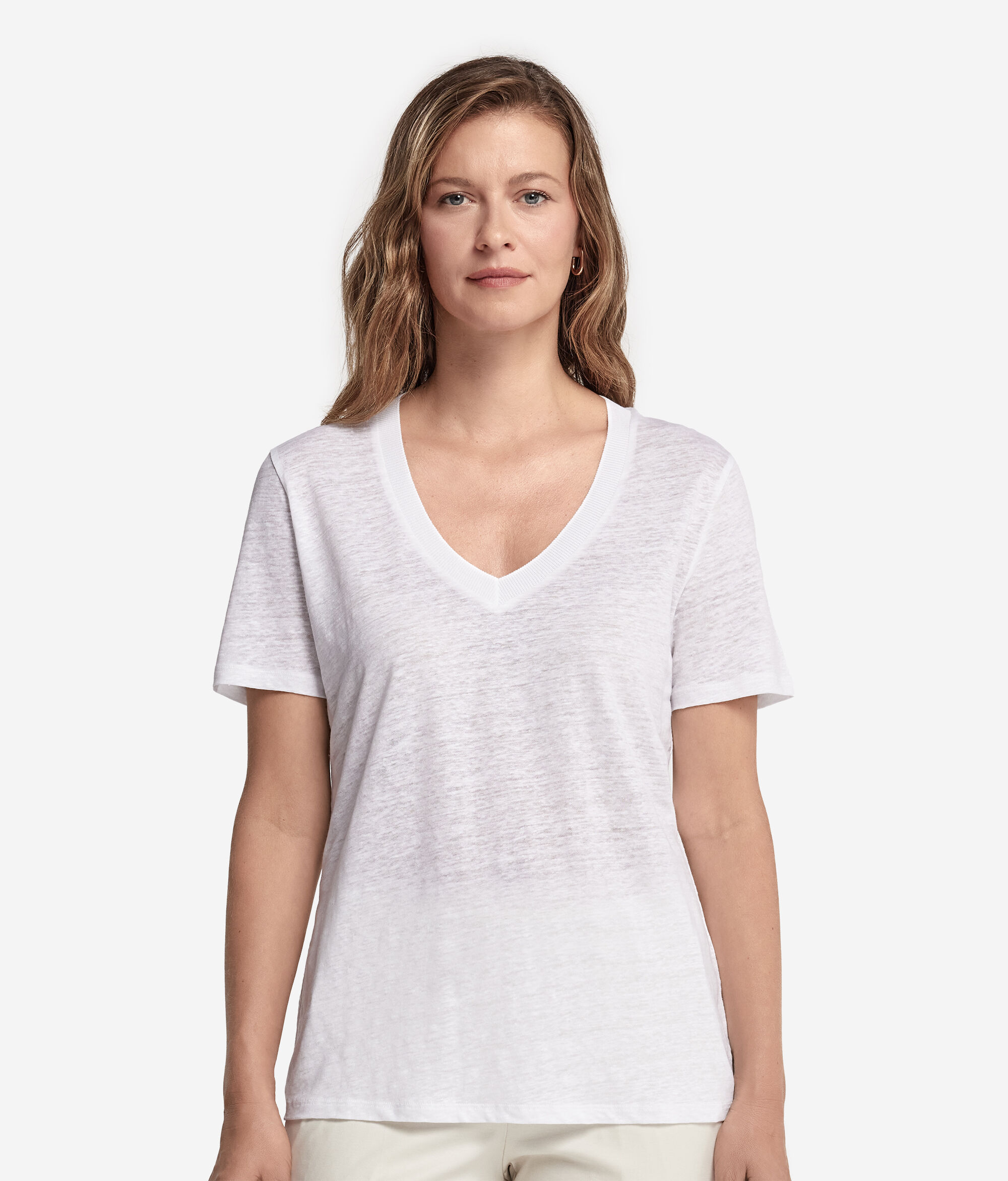Kenarları Triko V Yakalı Keten T-shirt