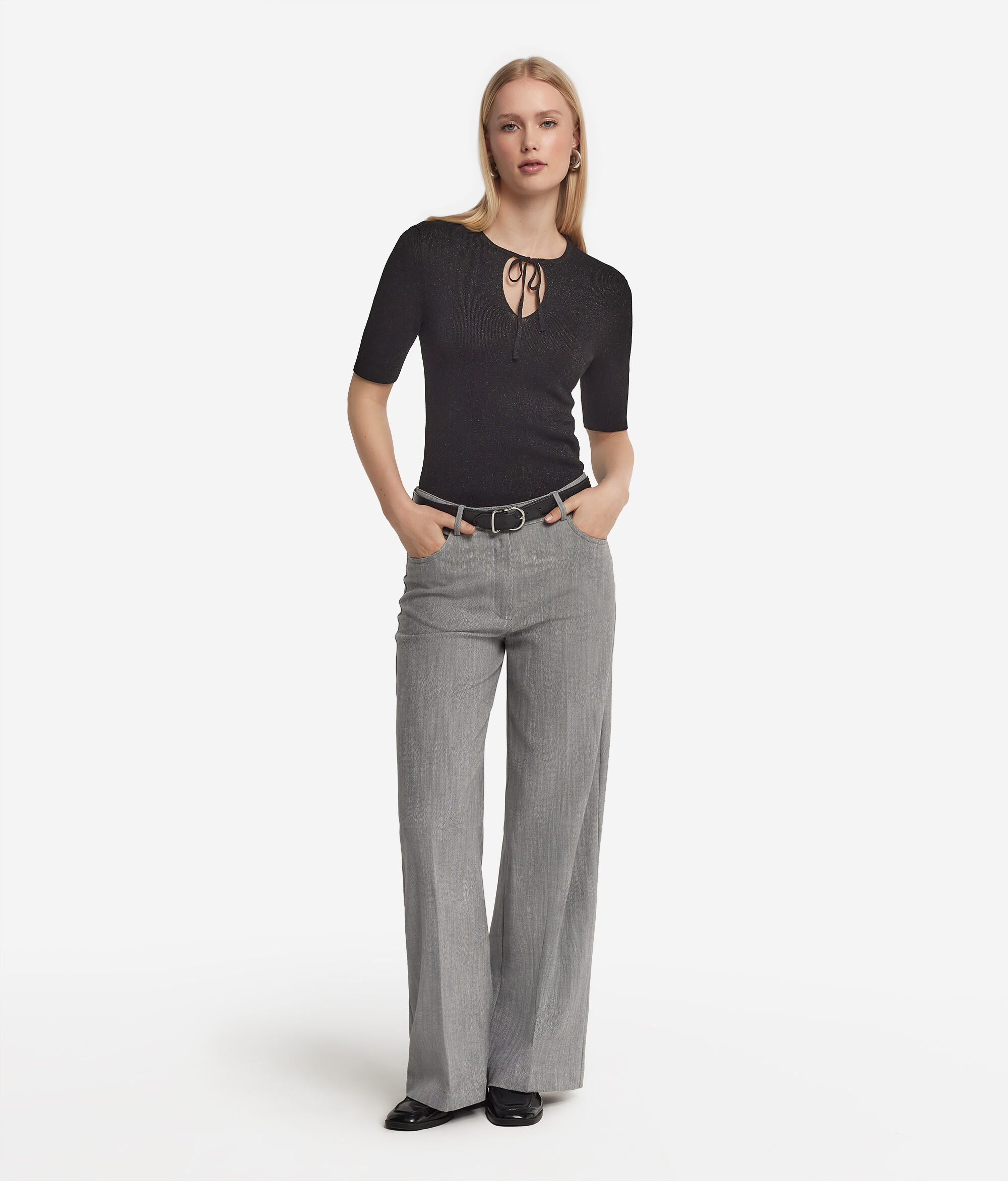 Lamé Short Sleeve Sweater with Lace