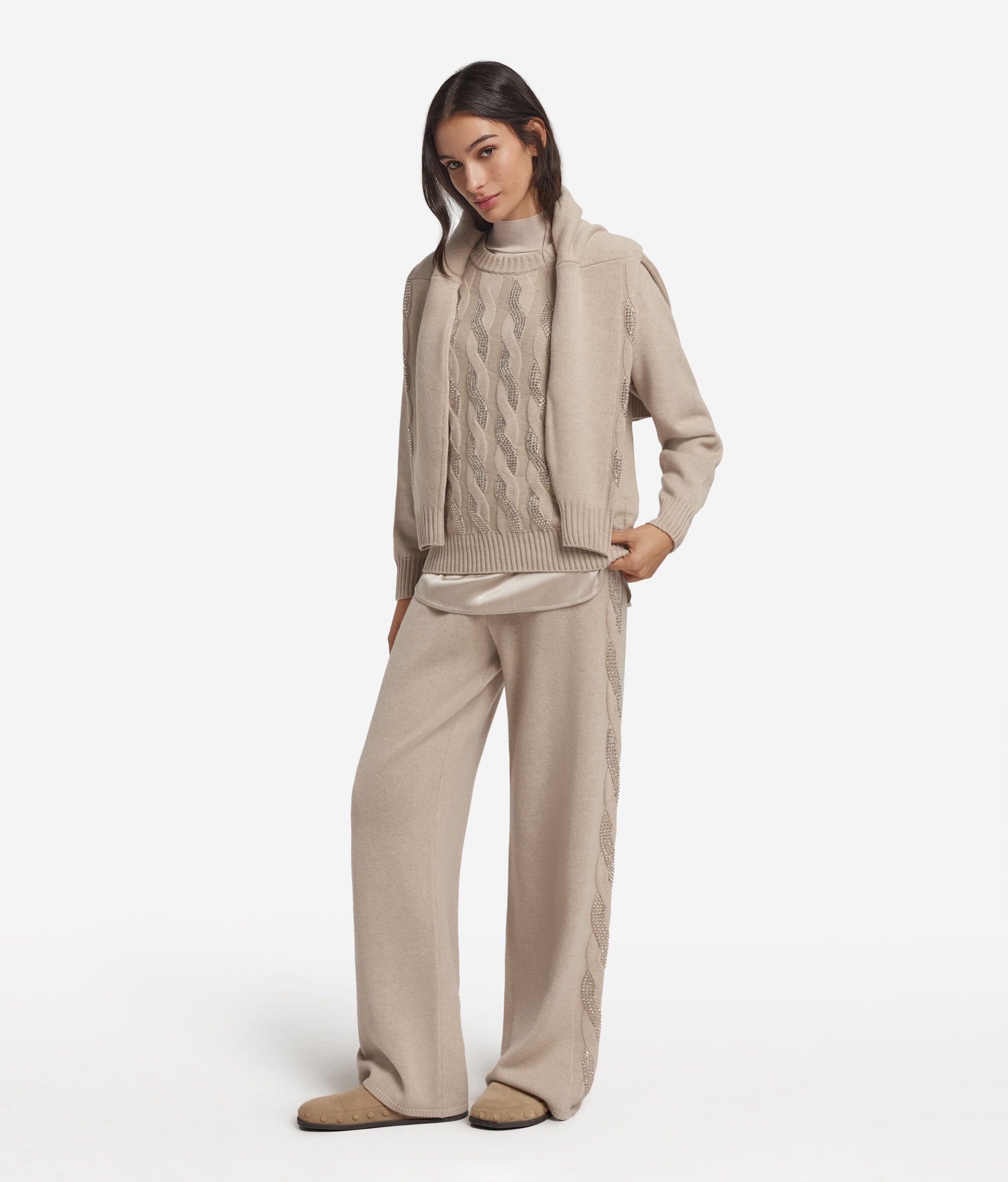 Ultrasoft Cashmere Cable Knit and Rhinestone Crewneck