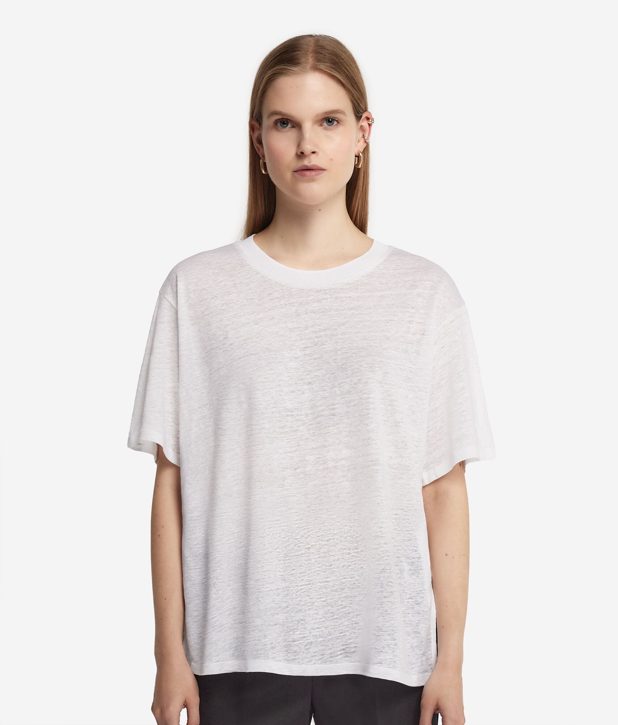 T-Shirt mit Rundhalsausschnitt aus Leinen mit Stricksaum