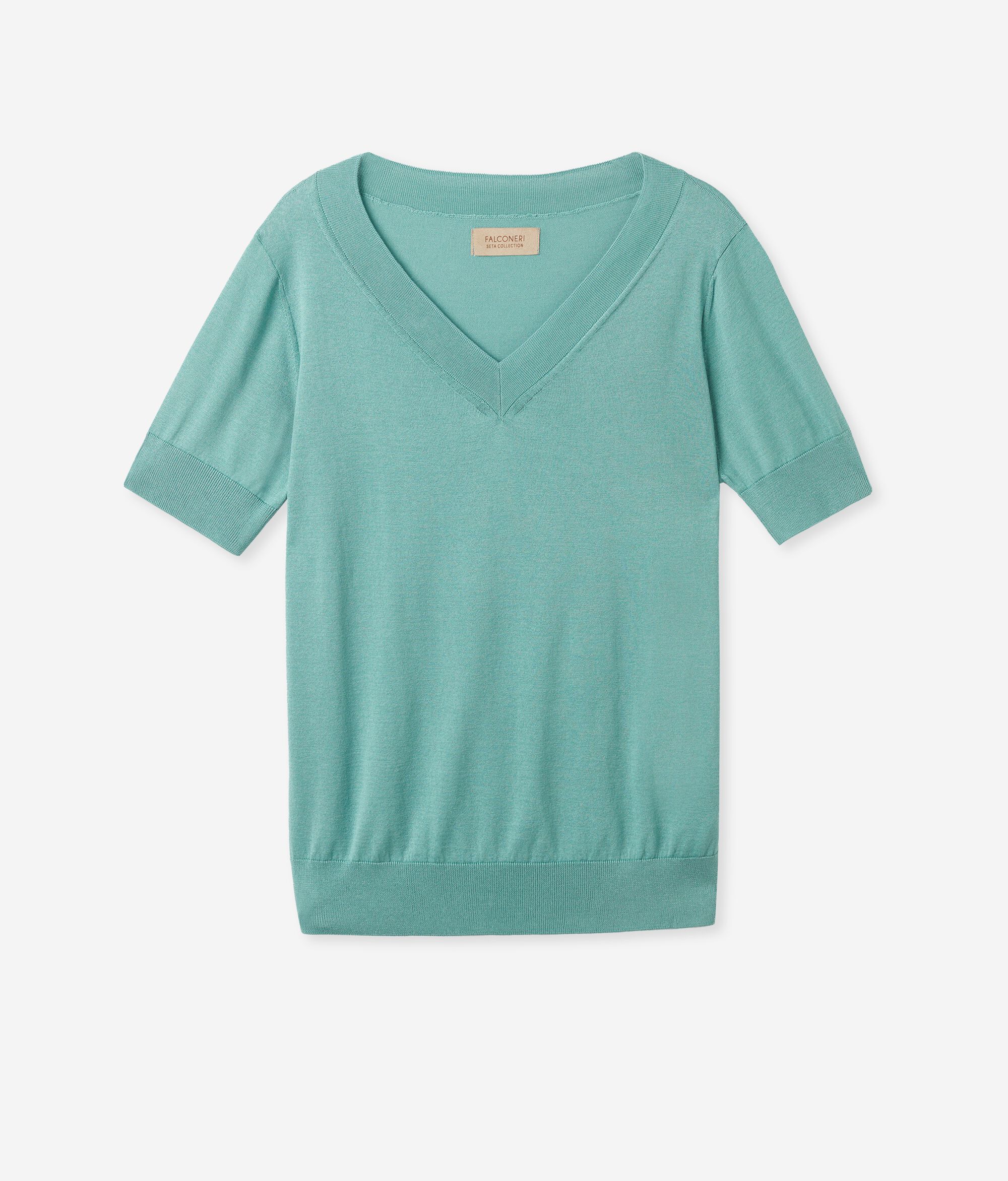 T-shirt à col V et manches courtes en soie et coton
