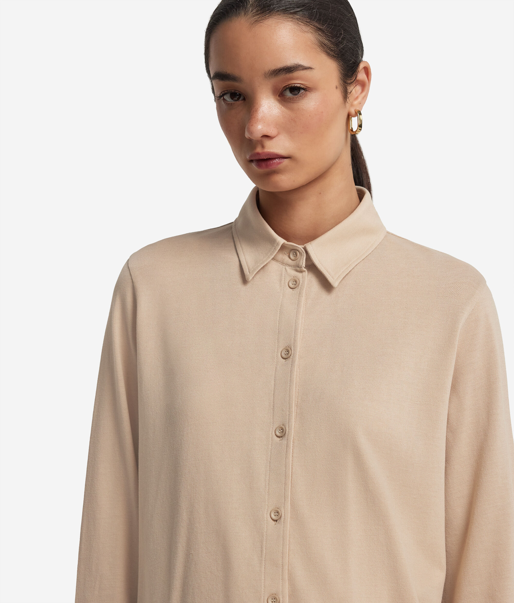 Long-Sleeved Shirt in Cotton and Silk Piqué