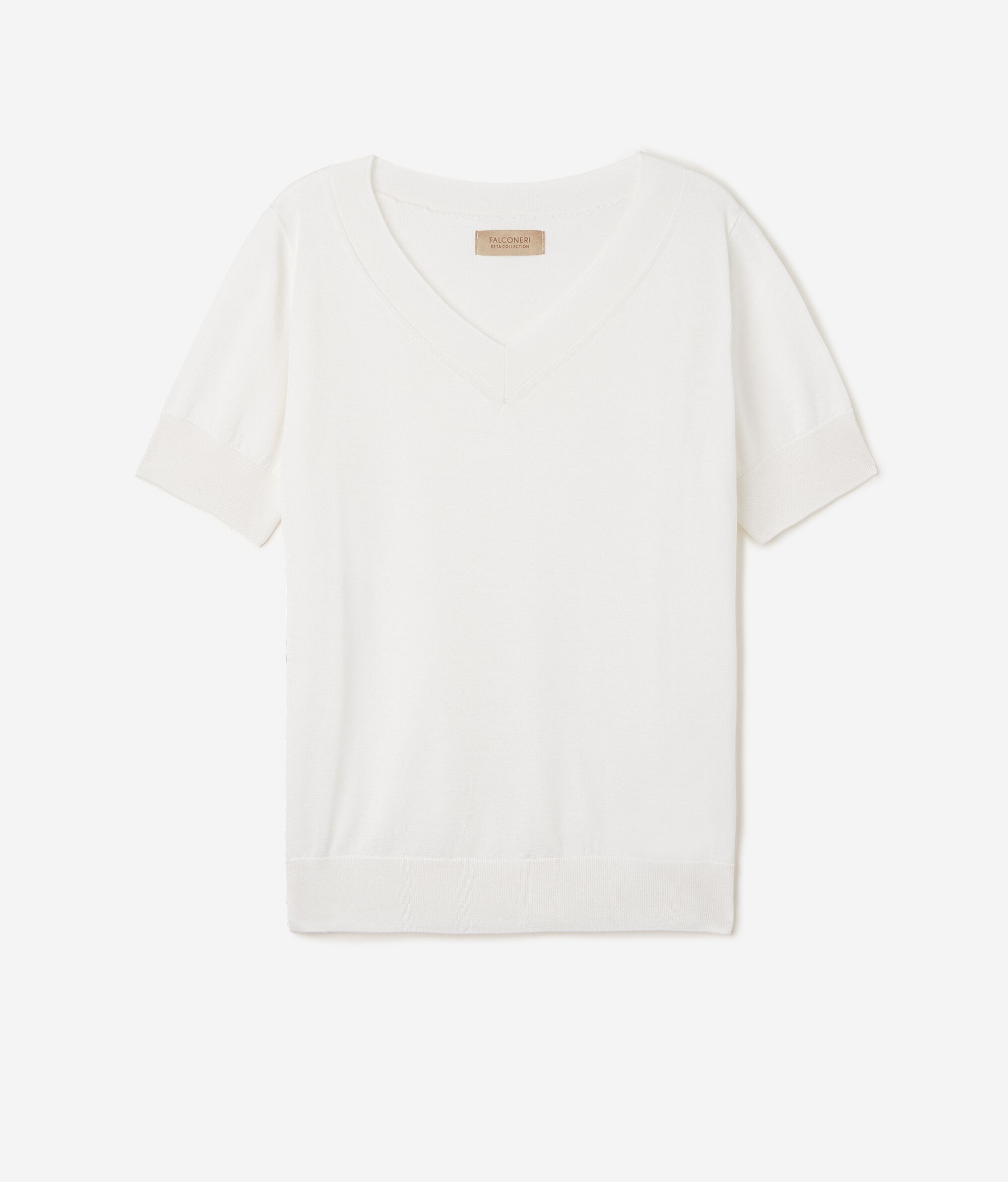 Silk and Cotton V-Neck Sweater with Short Sleeves