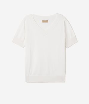 Maglia con Scollo a V a Maniche Corte in Seta Cotone