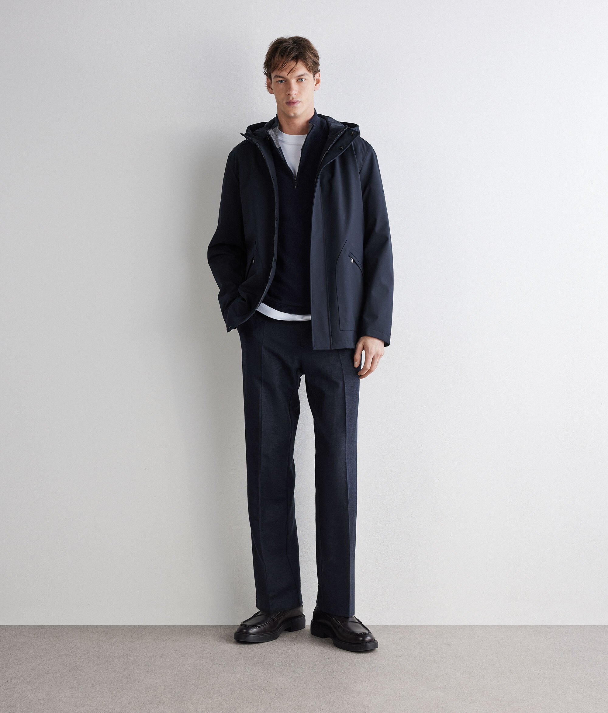 Veste à capuche en tissu technique avec cachemire