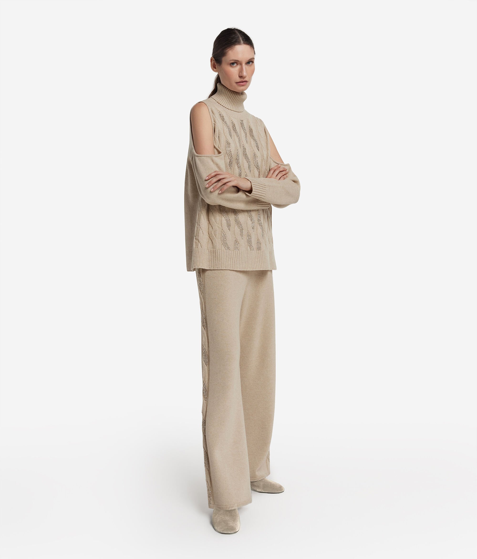 Cut-out Cable-knit Sweater with Rhinestones in Ultrasoft Cashmere