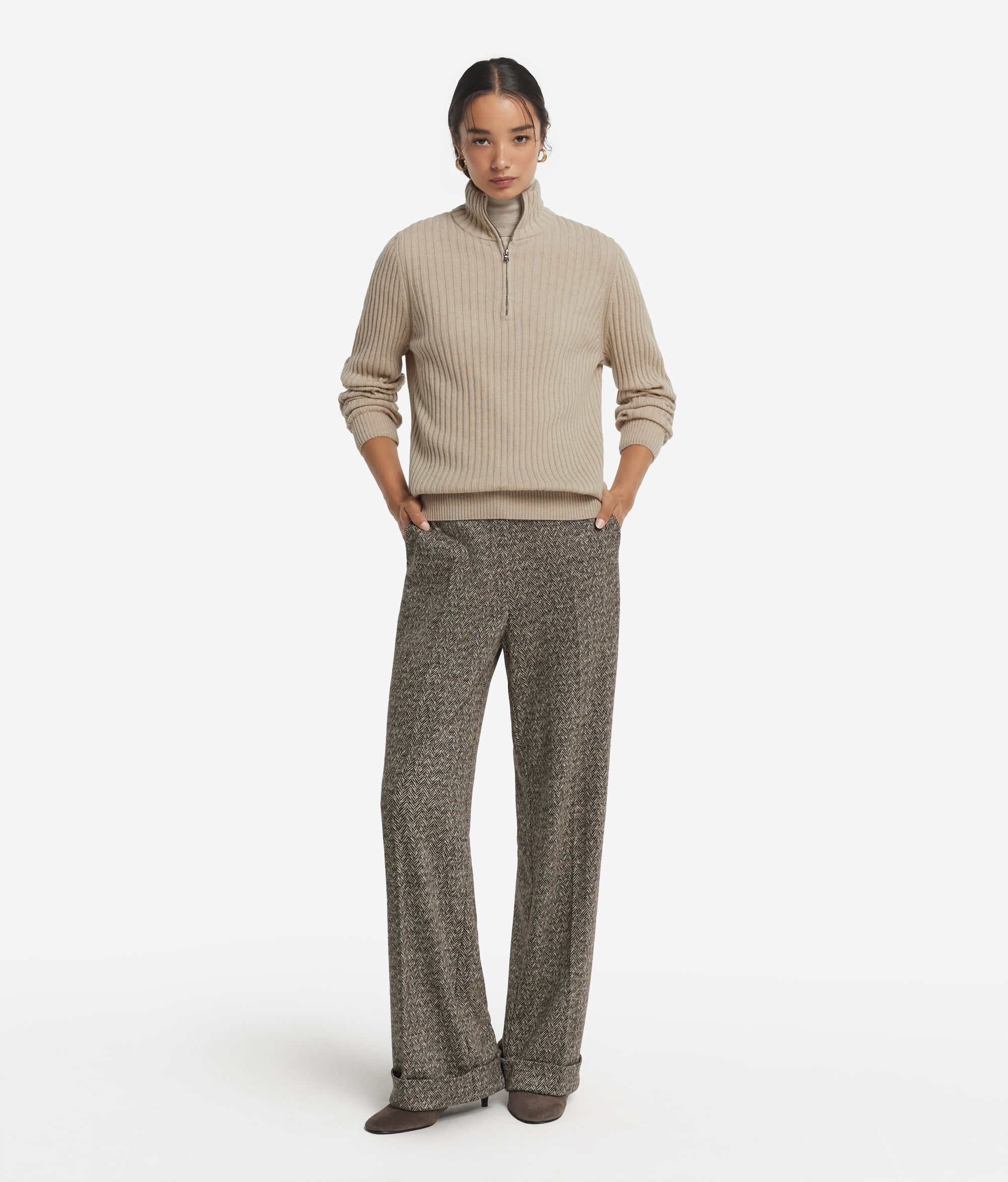 Gerippter Pullover mit kurzem Reißverschluss aus Kaschmir Ultrasoft