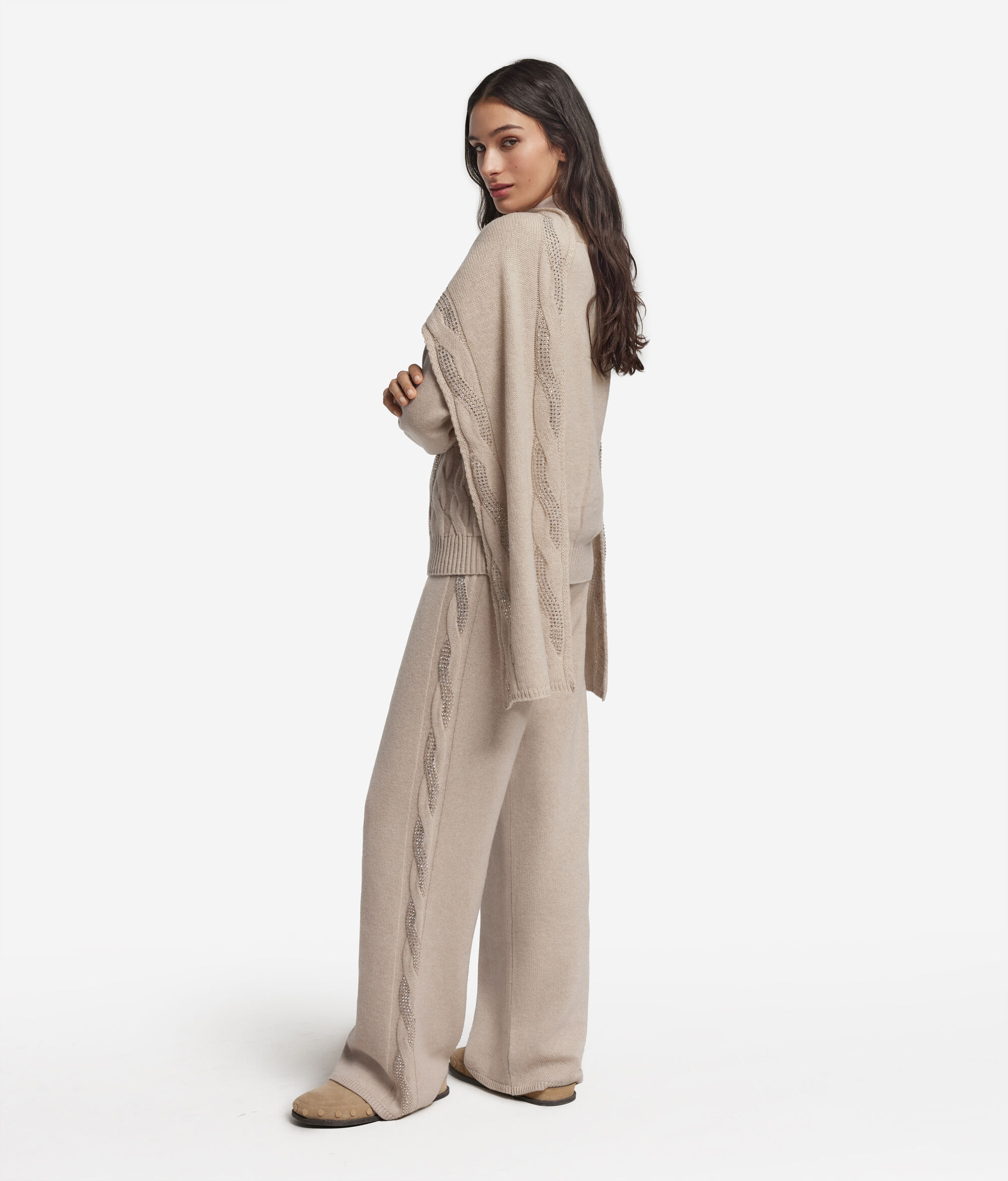Cable-knit Palazzo Pants with Rhinestones in Ultrasoft Cashmere