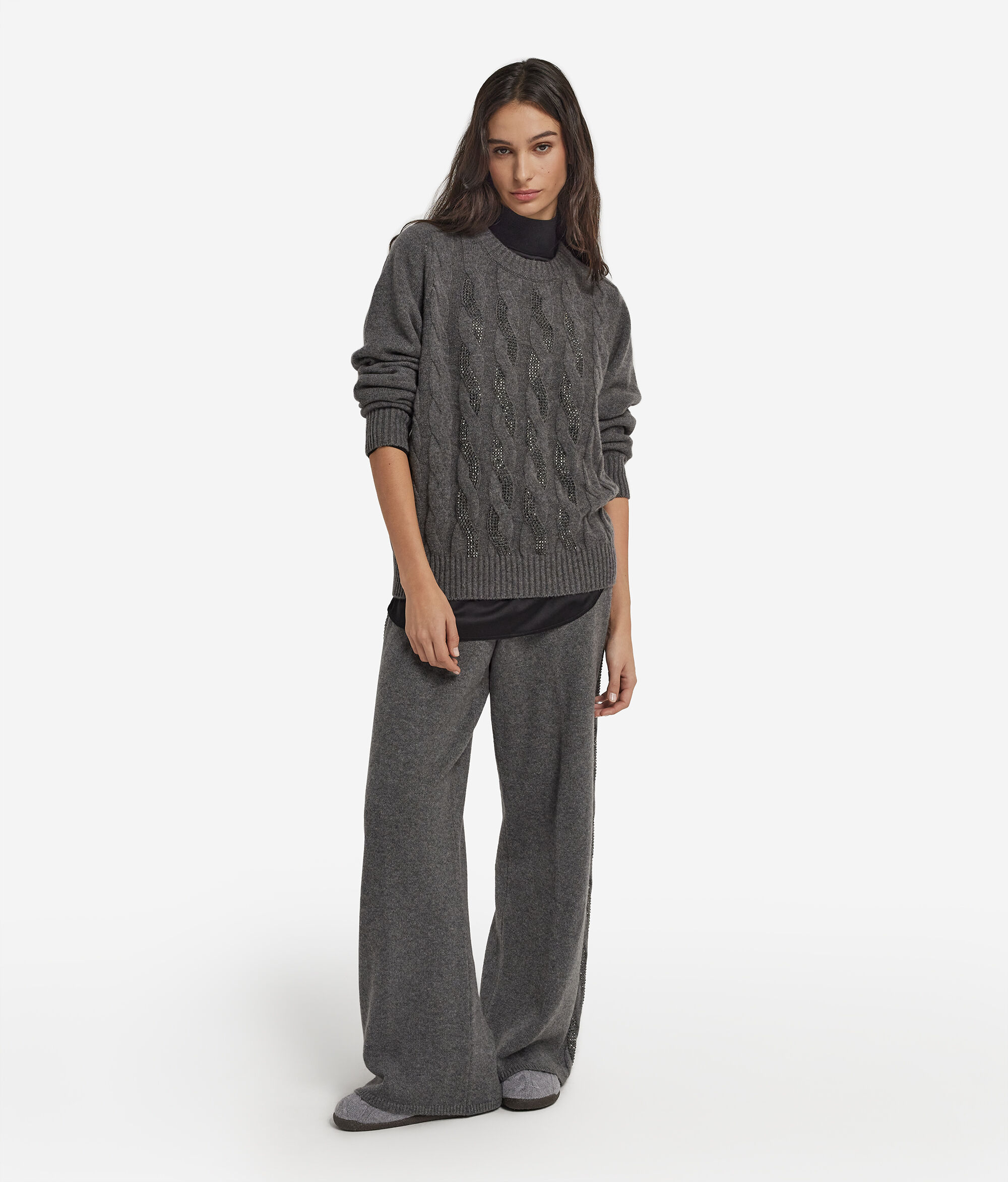 Ultrasoft Cashmere Cable Knit and Rhinestone Crewneck