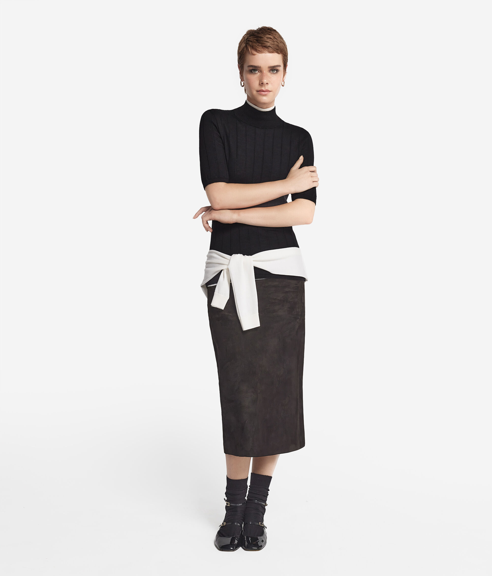 Джемпер с коротким рукавом из ультратонкого кашемира в рубчик