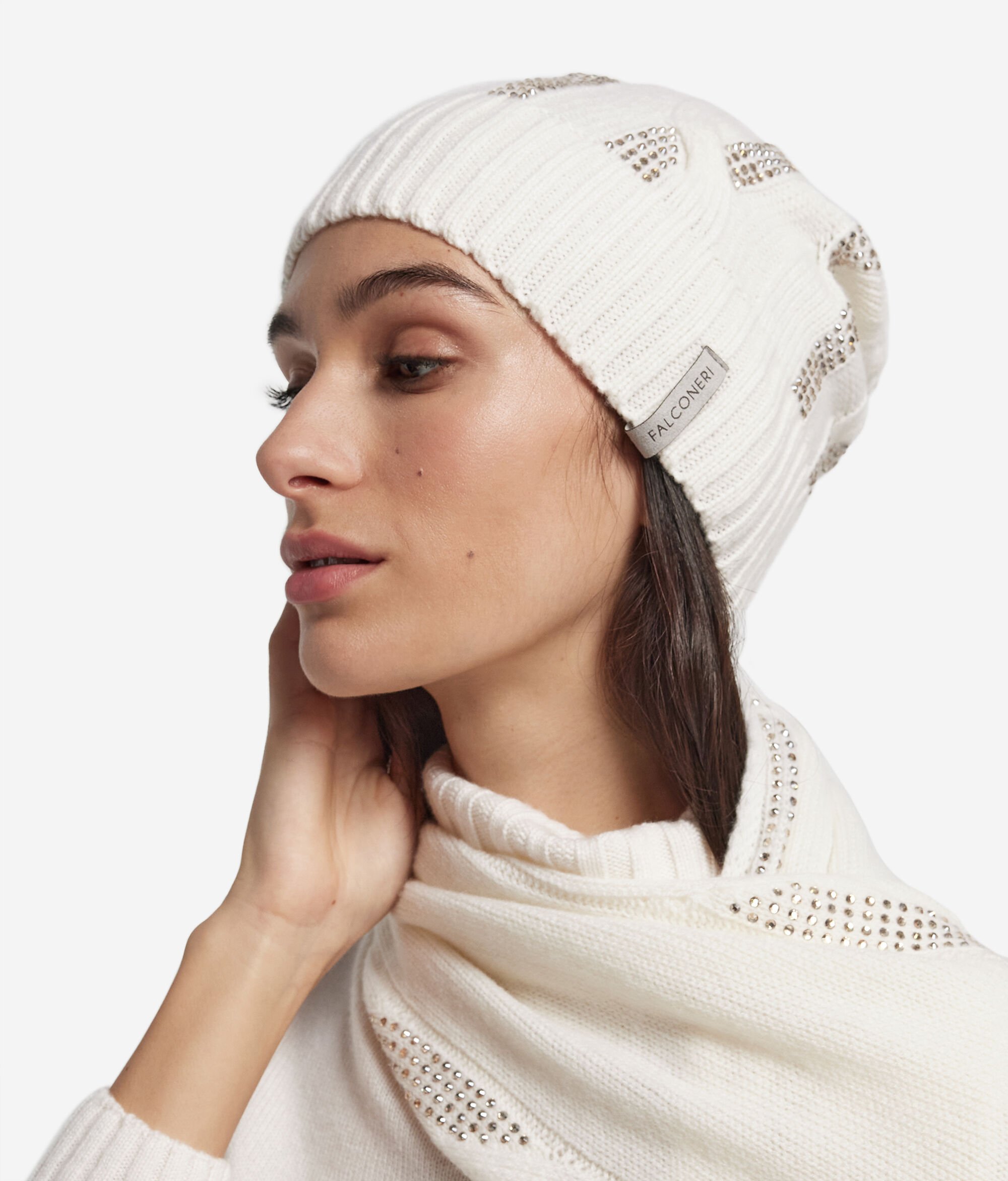 Ultrasoft Cashmere Cable Knit and Rhinestone Cap