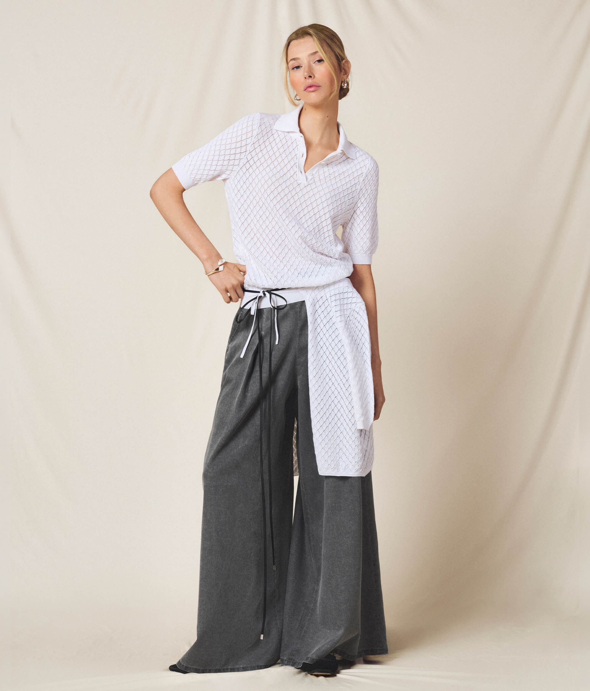 Polo en maille ajourée à losanges