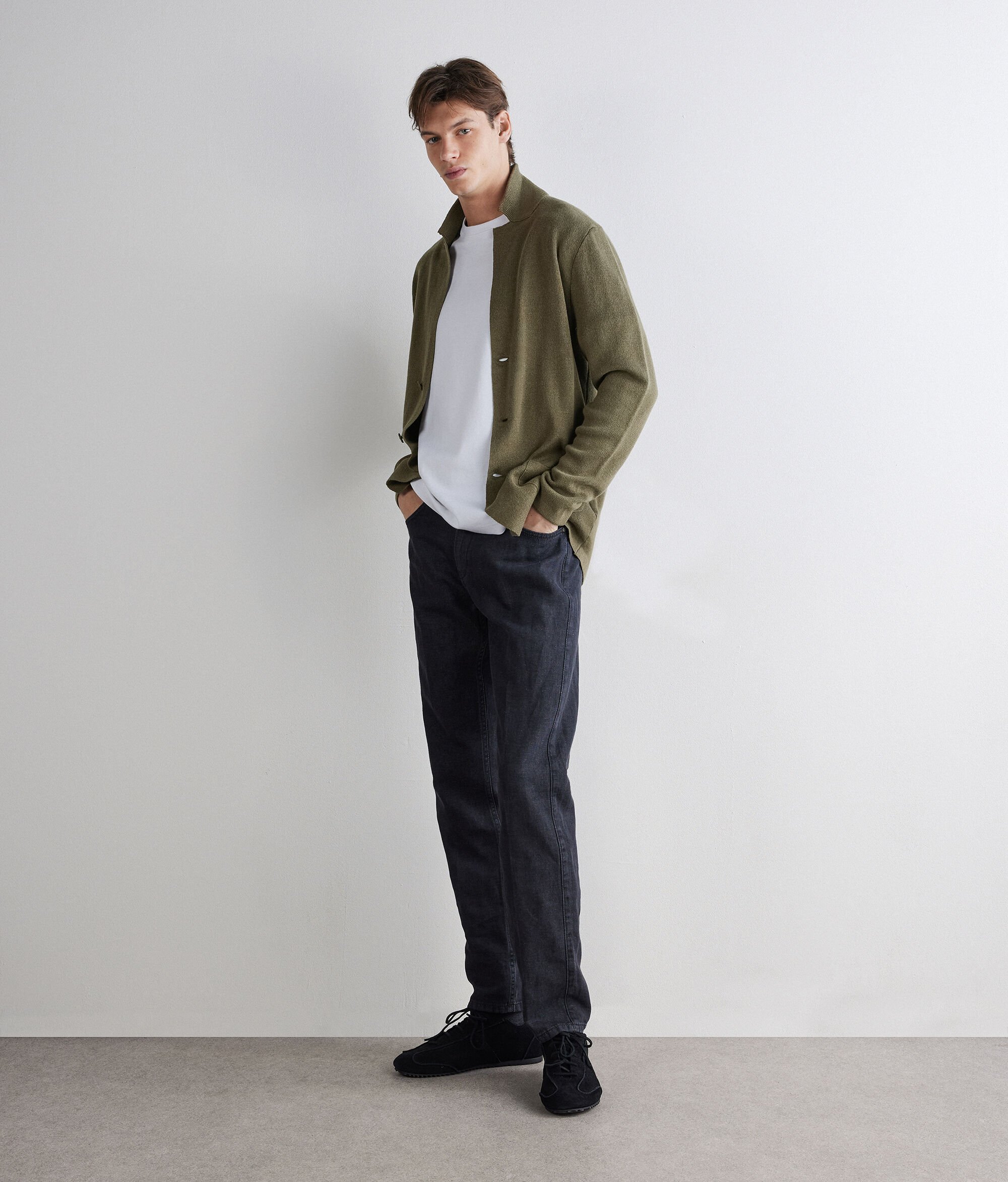 Linen and cotton fabric-stitch knit jacket