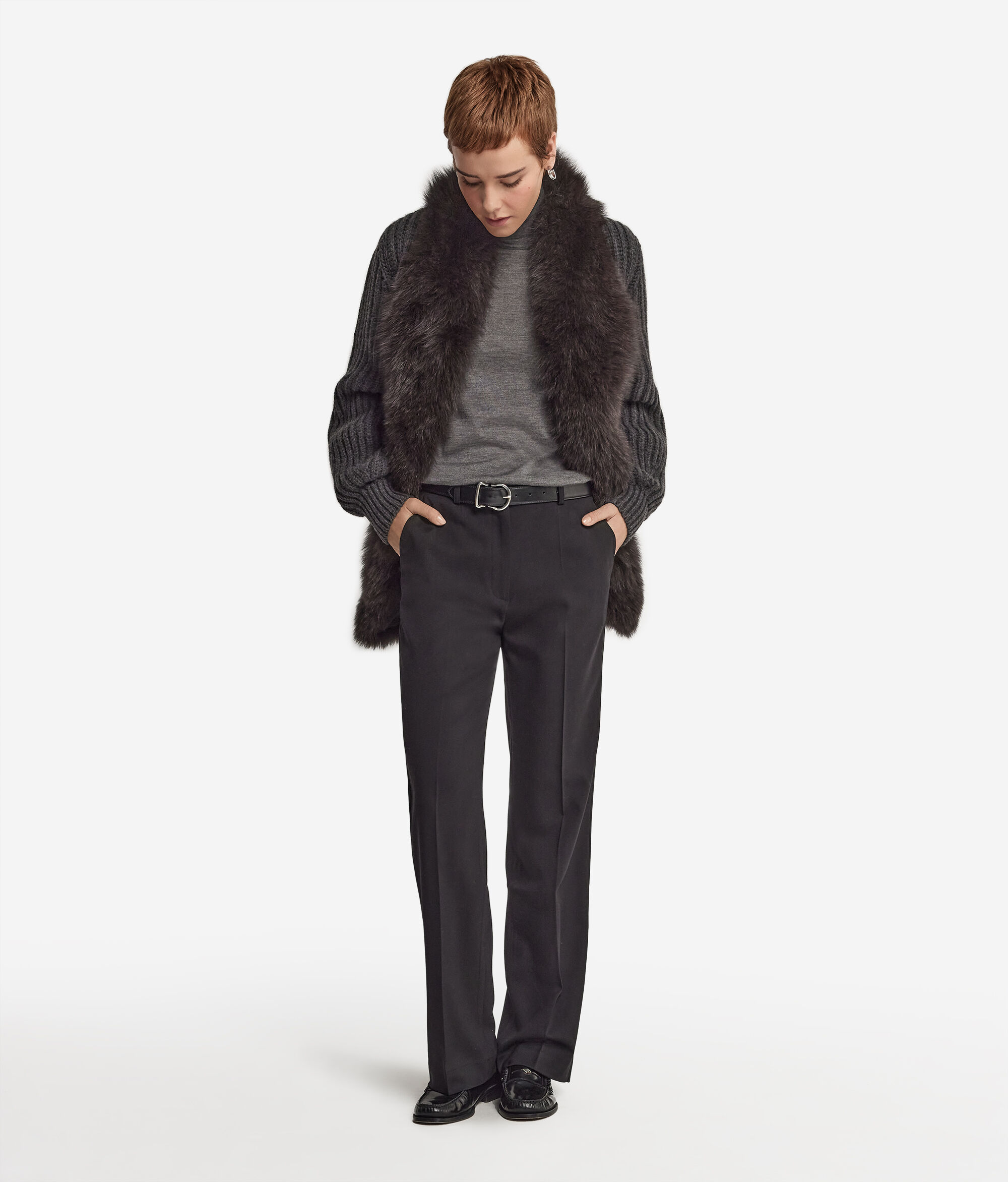 Manteau côtelé en cachemire et fourrure