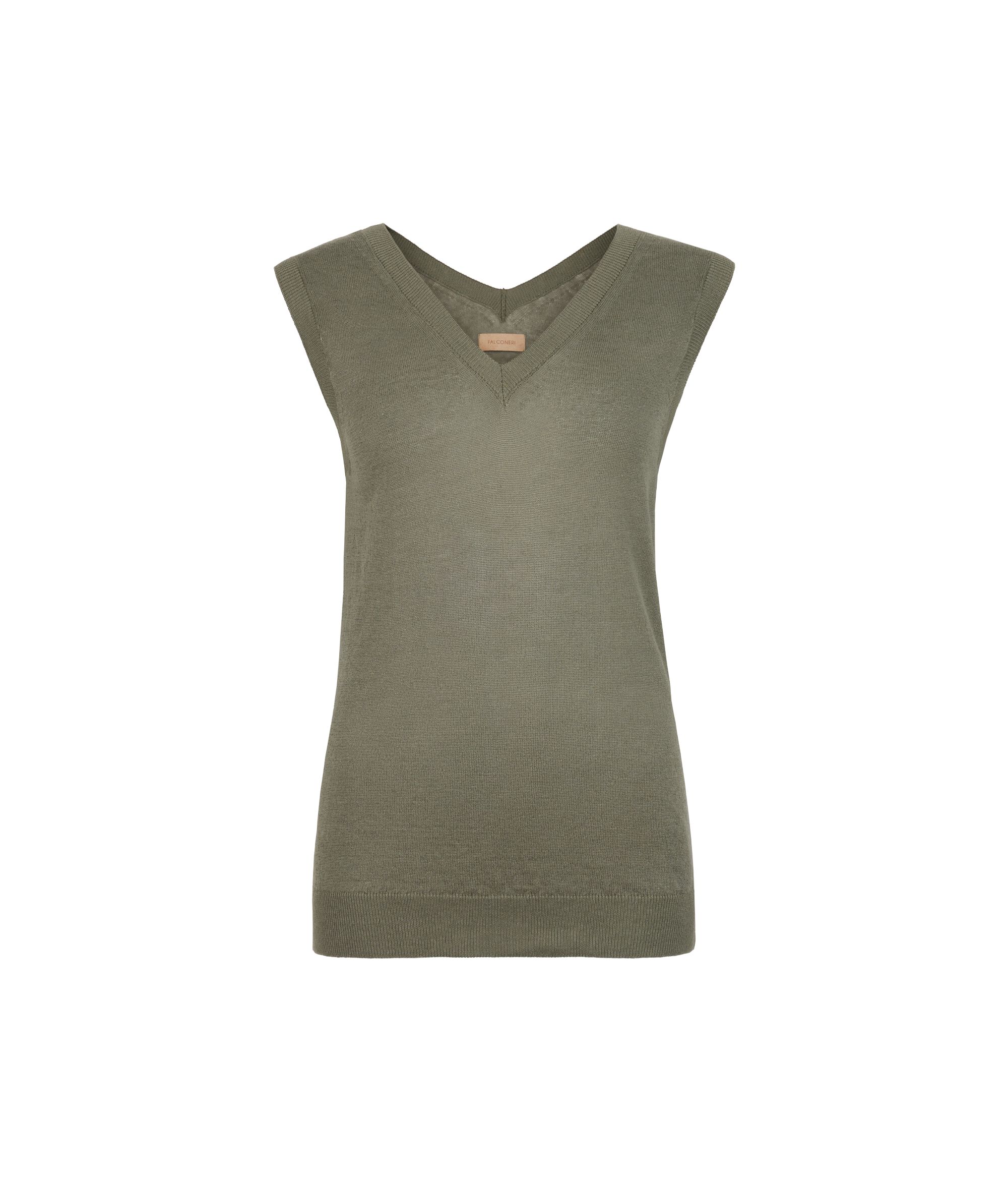 Camiseta sin mangas con cuello de pico de lino y algodón
