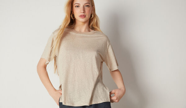 Crew-Neck Linen T-shirt with Knitted Trim