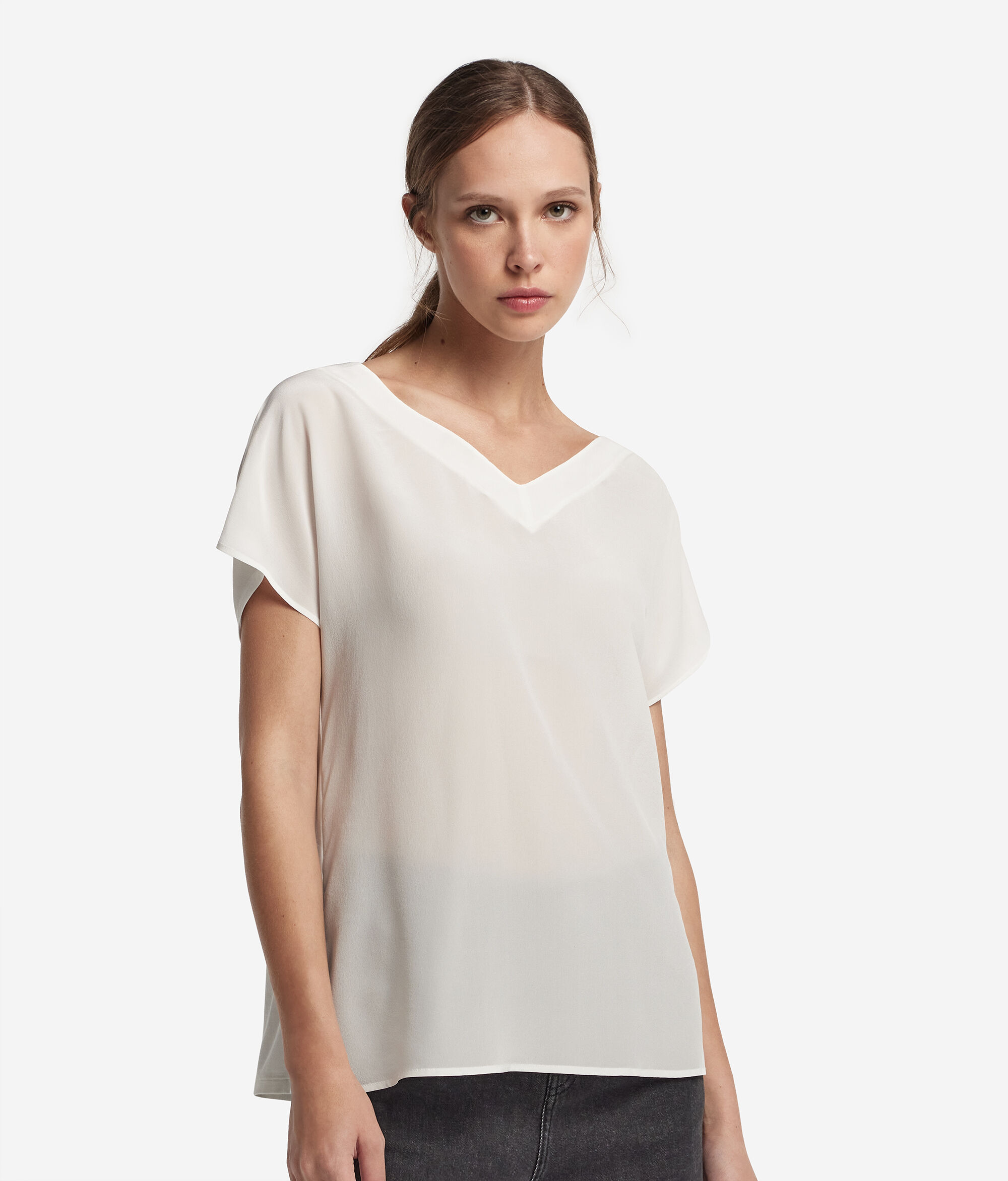 T-shirt de Seda com Decote em V Quimono