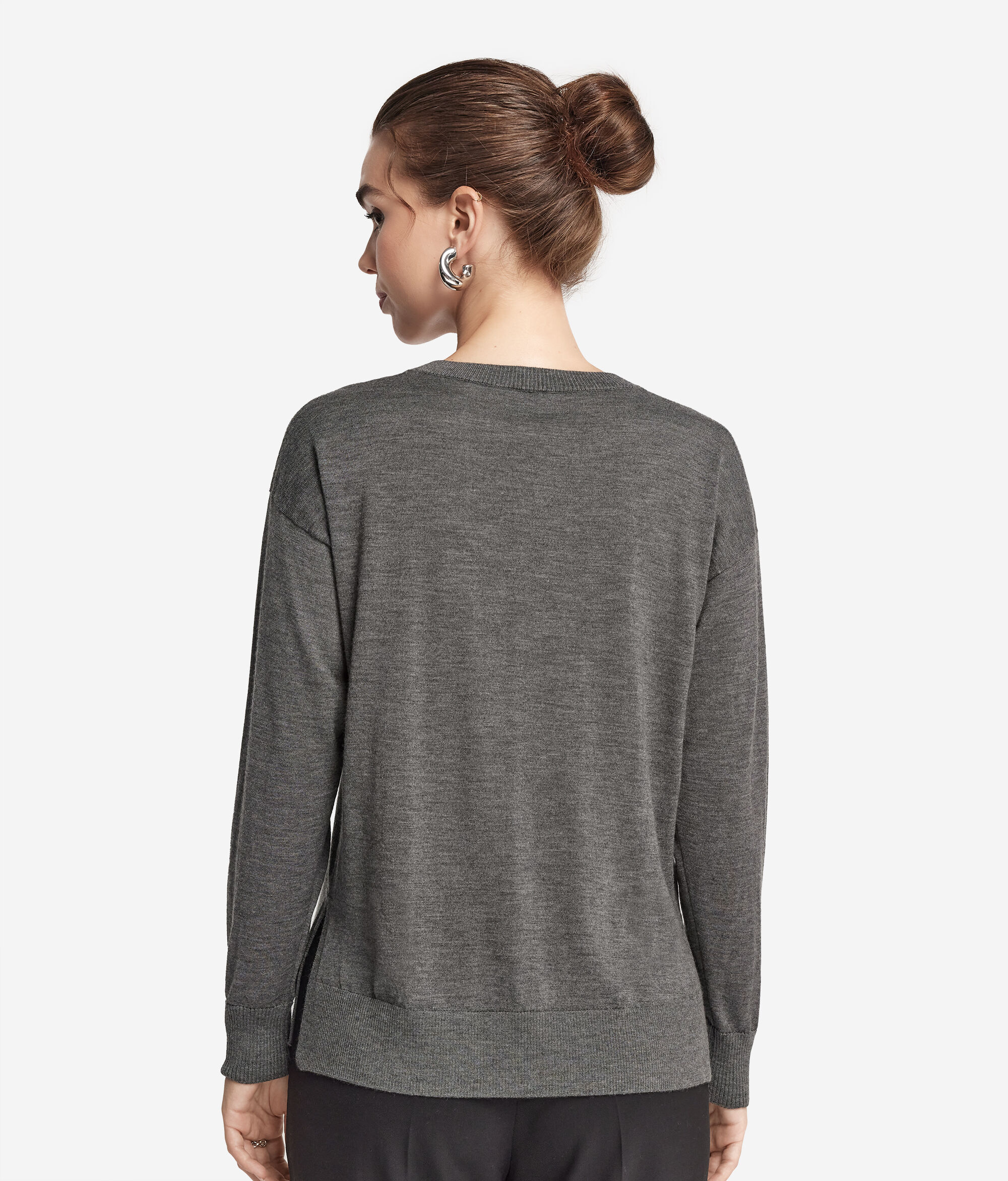 Camisola com Decote em V em Caxemira com Rachas