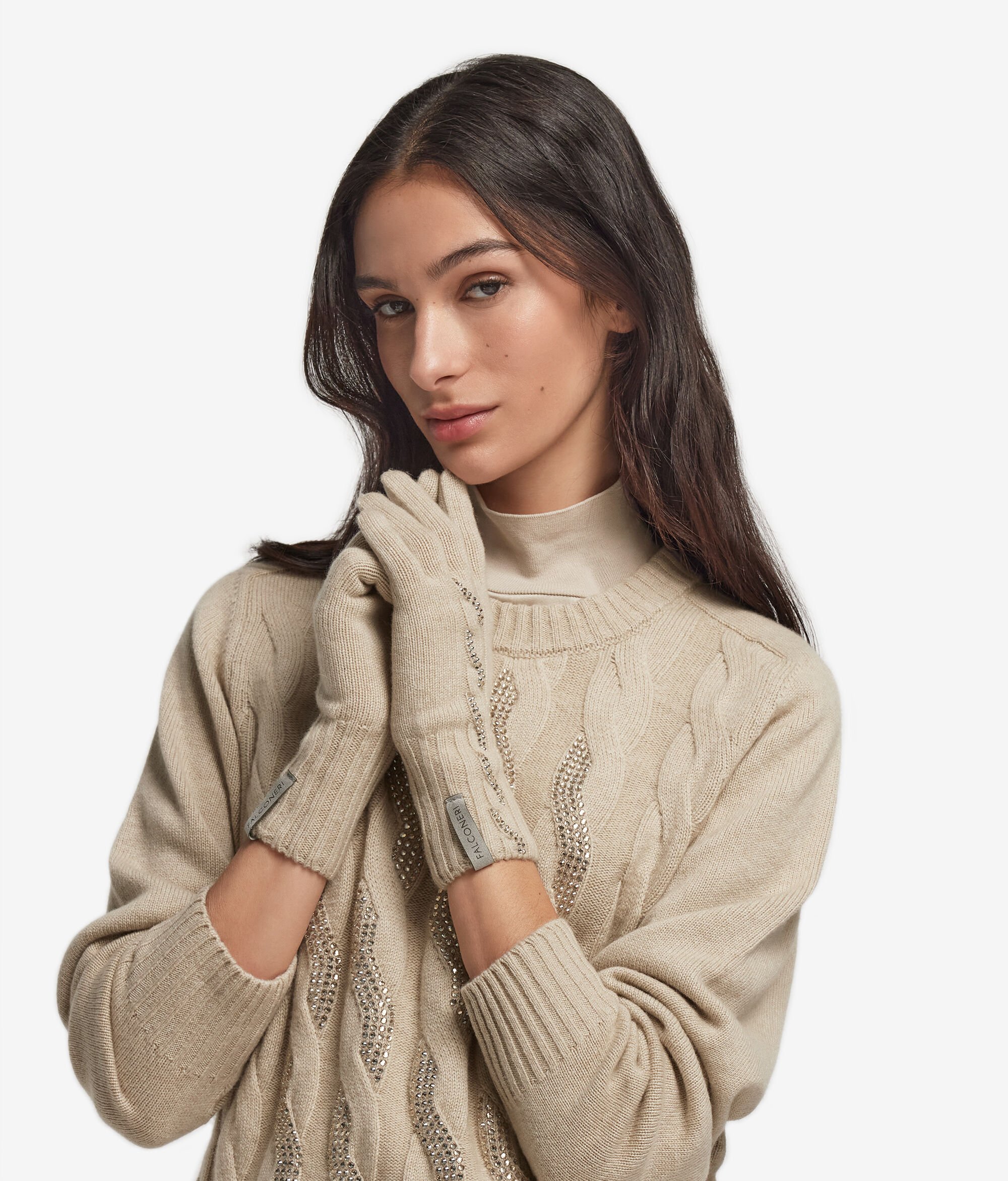 ウルトラソフトカシミヤ ケーブルニット&ラインストーン 手袋