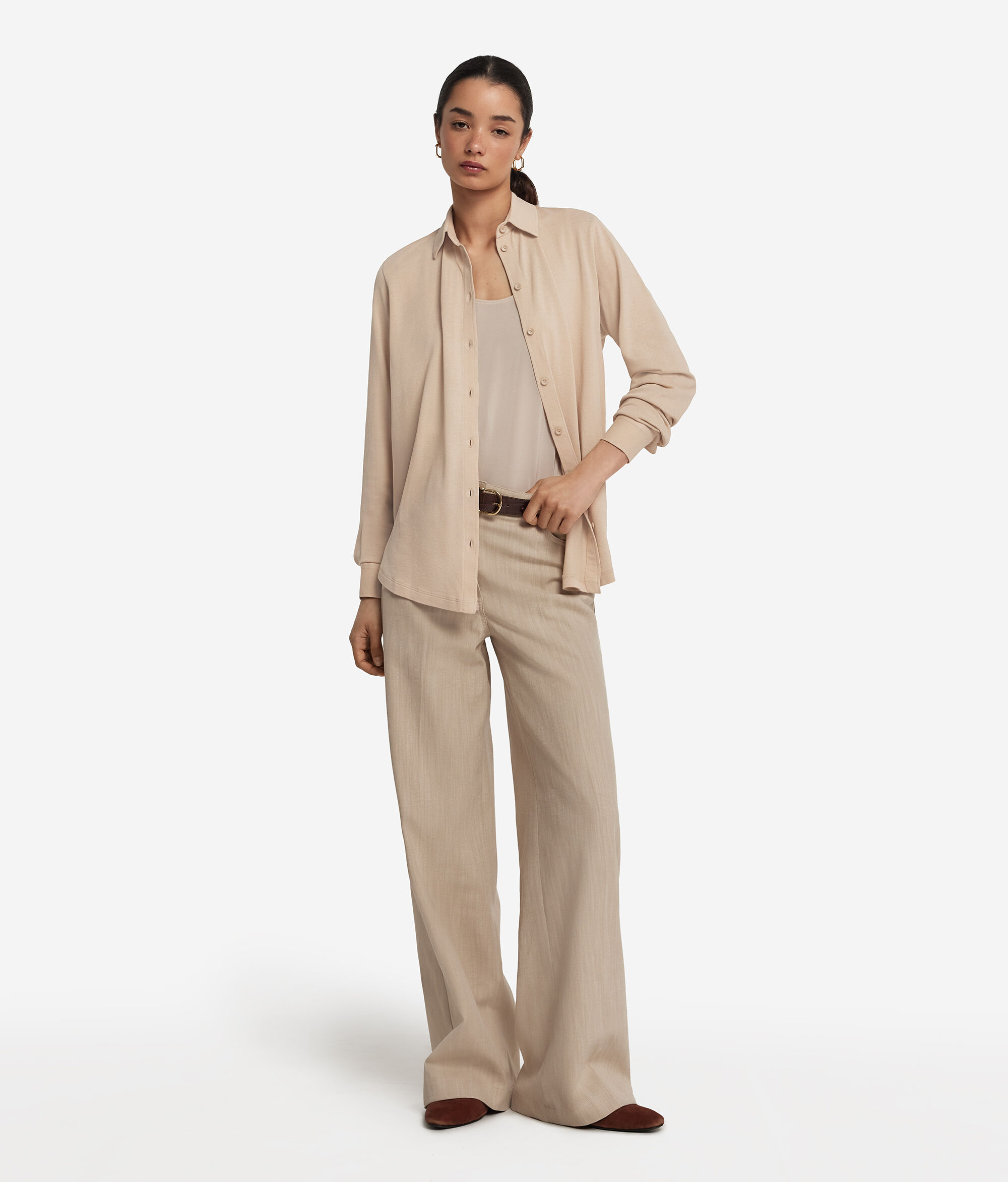 Long-Sleeved Shirt in Cotton and Silk Piqué