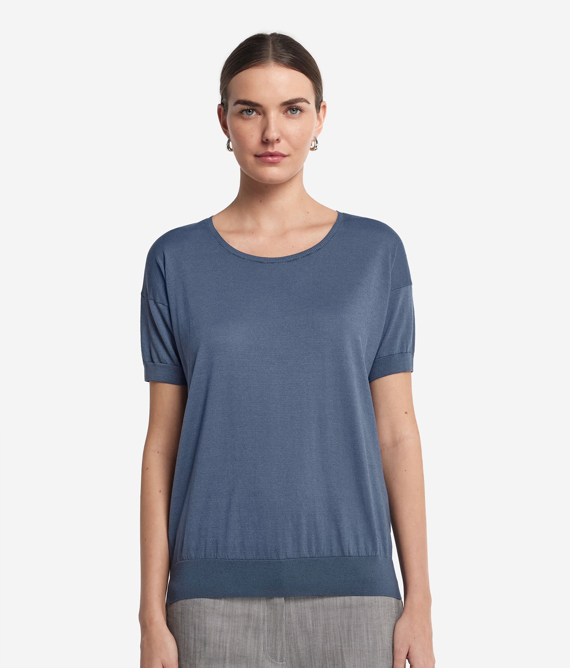 T-shirt com Decote Redondo de Seda e Algodão
