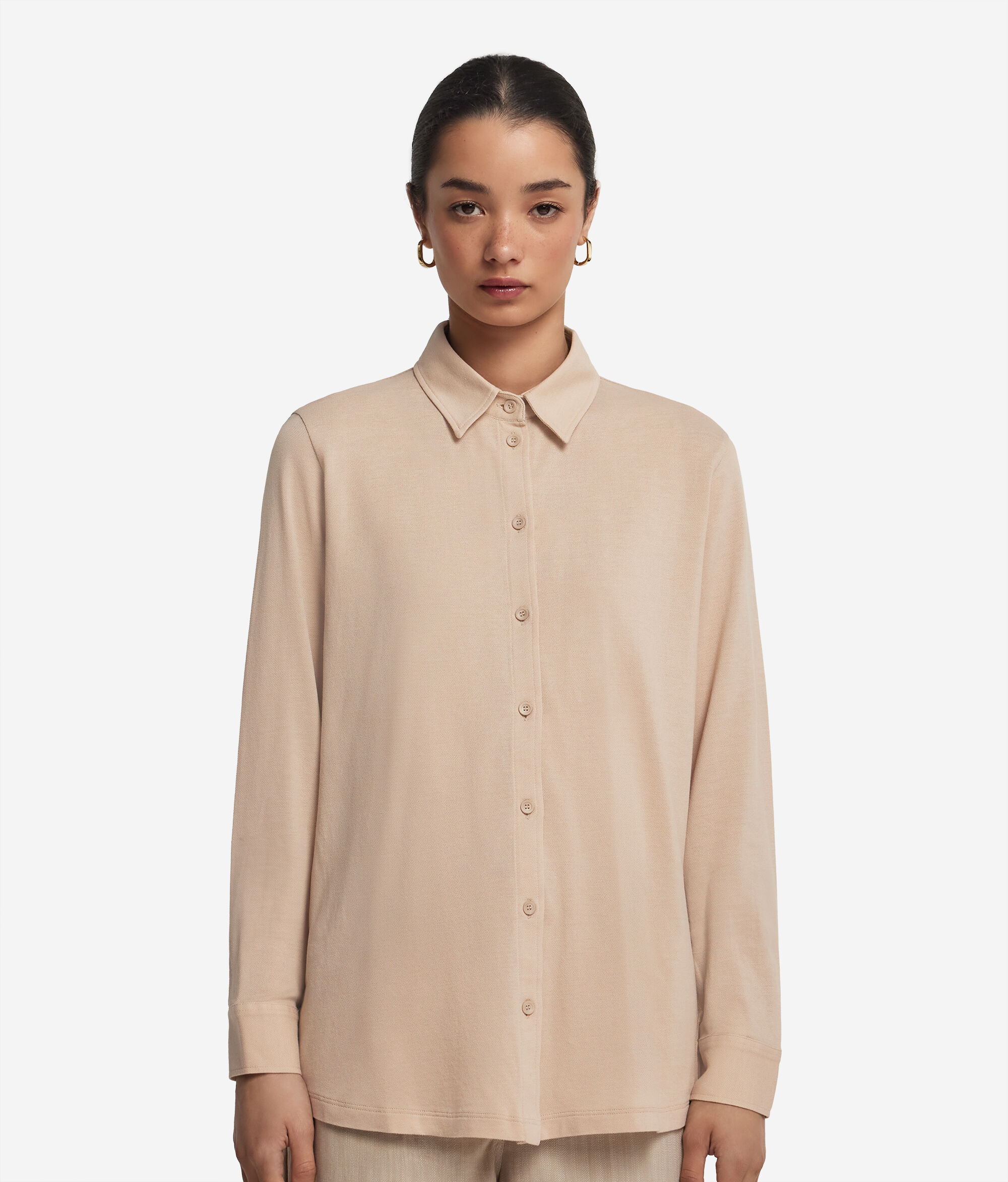 Long-Sleeved Shirt in Cotton and Silk Piqué