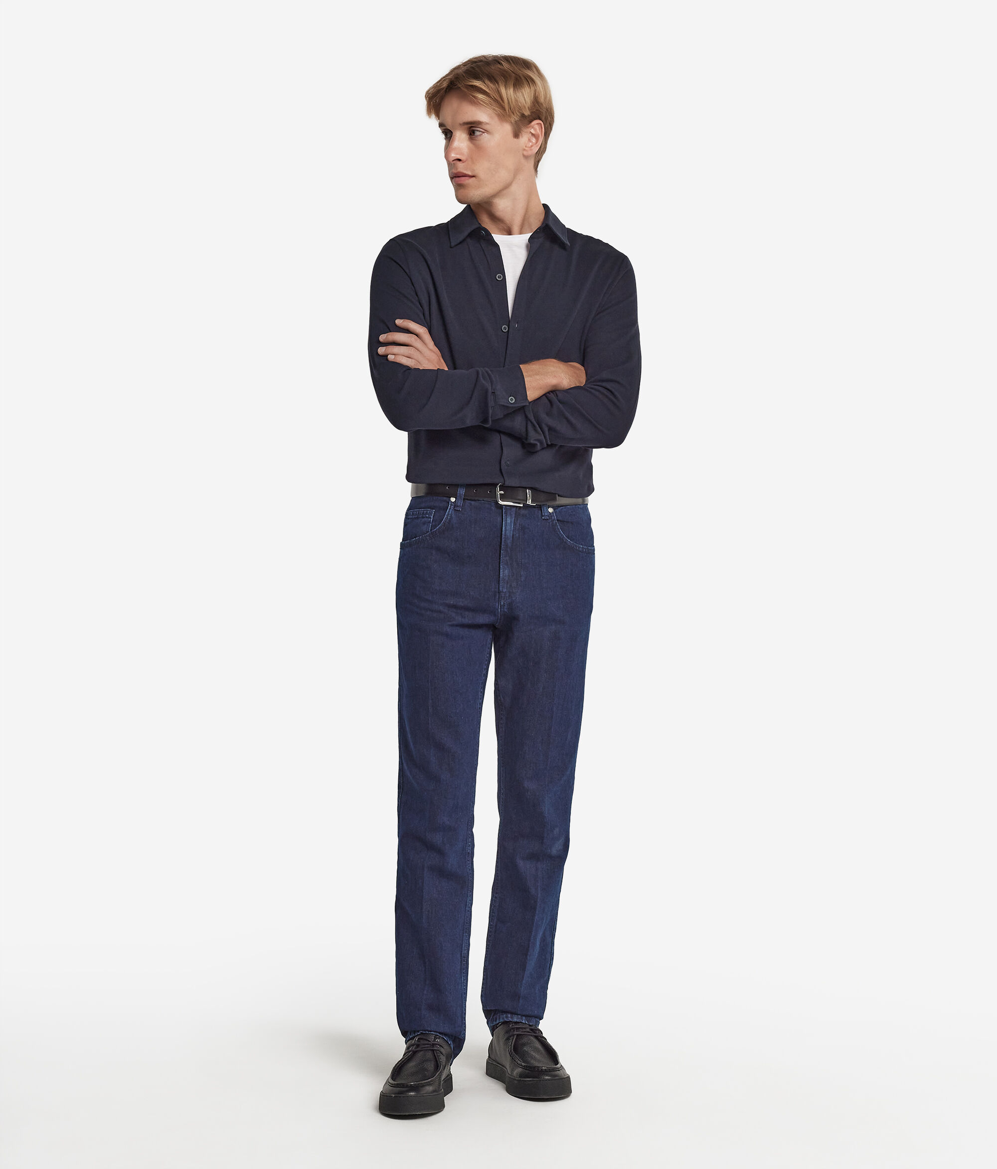 Long-Sleeved Shirt in Cotton and Silk Piqué